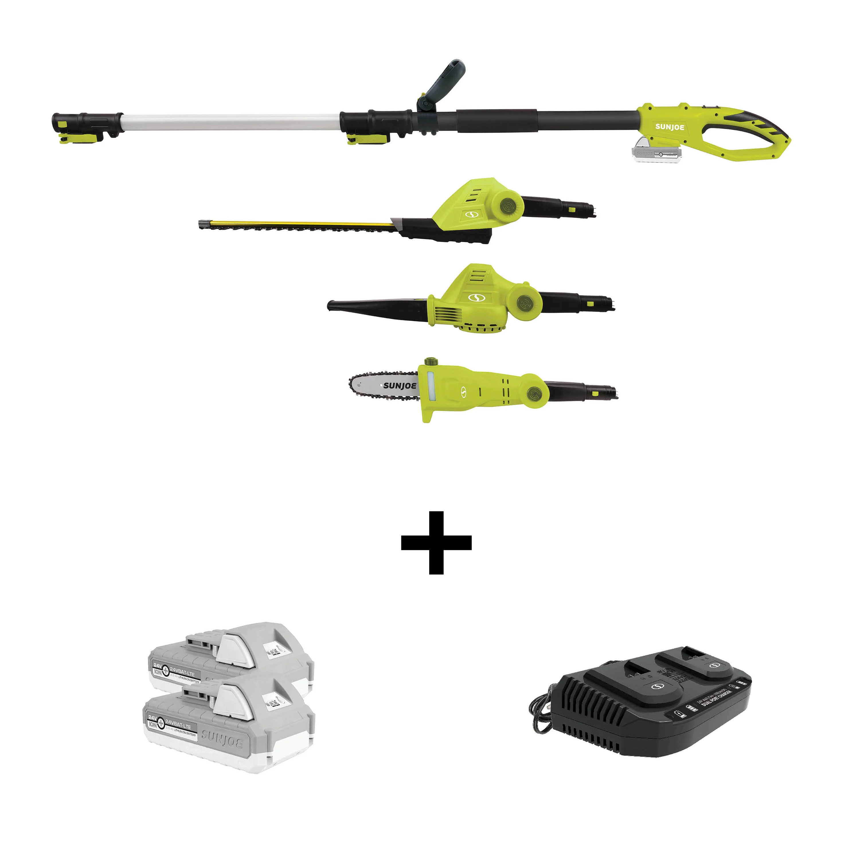 Sun Joe 24V-GTS4004-XT 24-Volt* 3-in-1 Cordless Yard Care Solution | Hedge Trimmer | Pole Saw | Leaf Blower | W/ 2 x 2.0-Ah Batteries + Dual Port Charger