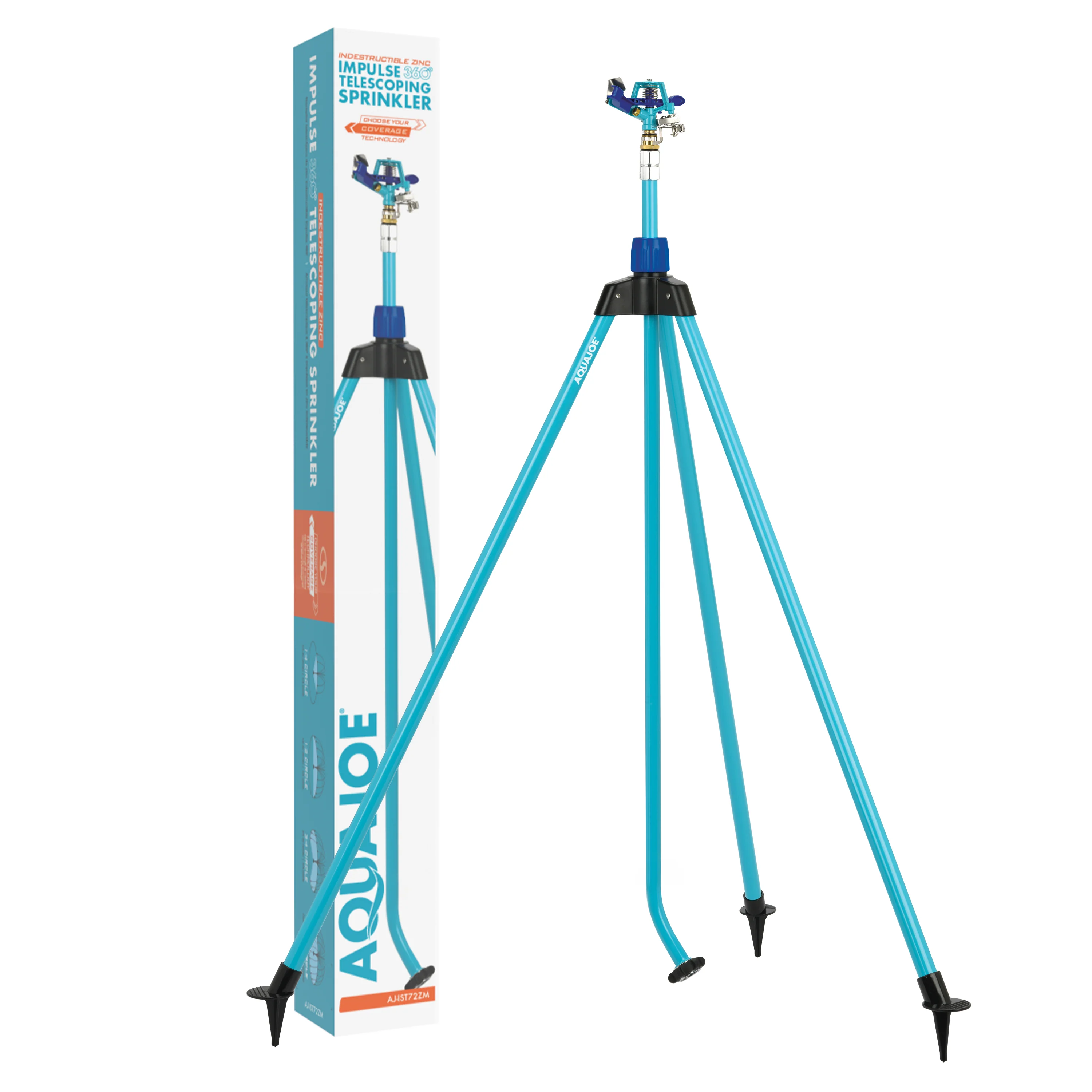 Aqua Joe AJ-IST72ZM Indestructible Zinc Impulse 360° Telescoping Tripod Sprinkler | Customizable Coverage | Extends from 42-72-inches | 1390 sq ft Max Coverage