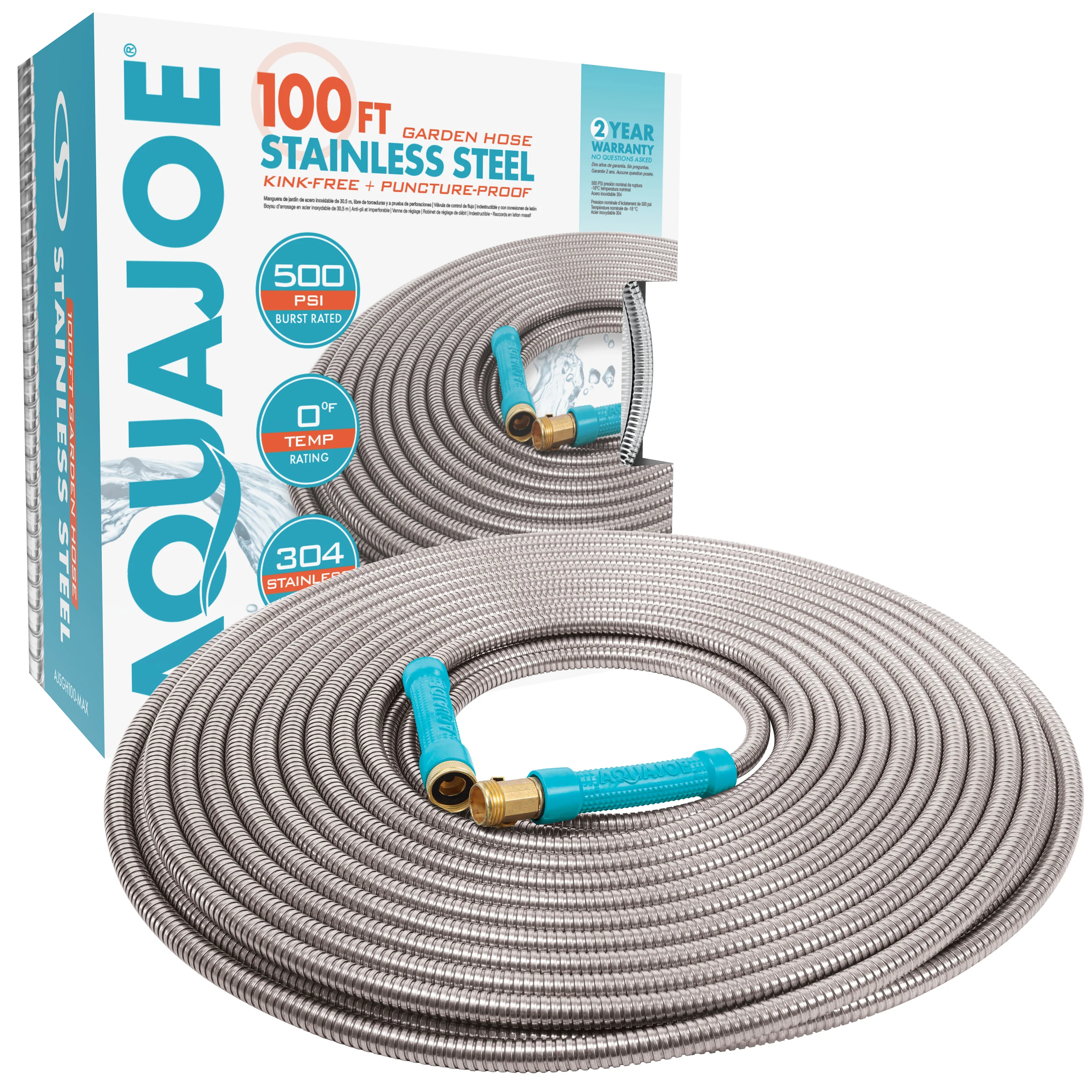 Aqua Joe AJSGH100-MAX Heavy-Duty Puncture Proof Garden Hose | 100-Foot | 1/2-Inch | w/ Brass Fitting & On/Off Valve | Spiral Constructed 304-Stainless Steel Metal - Image 2