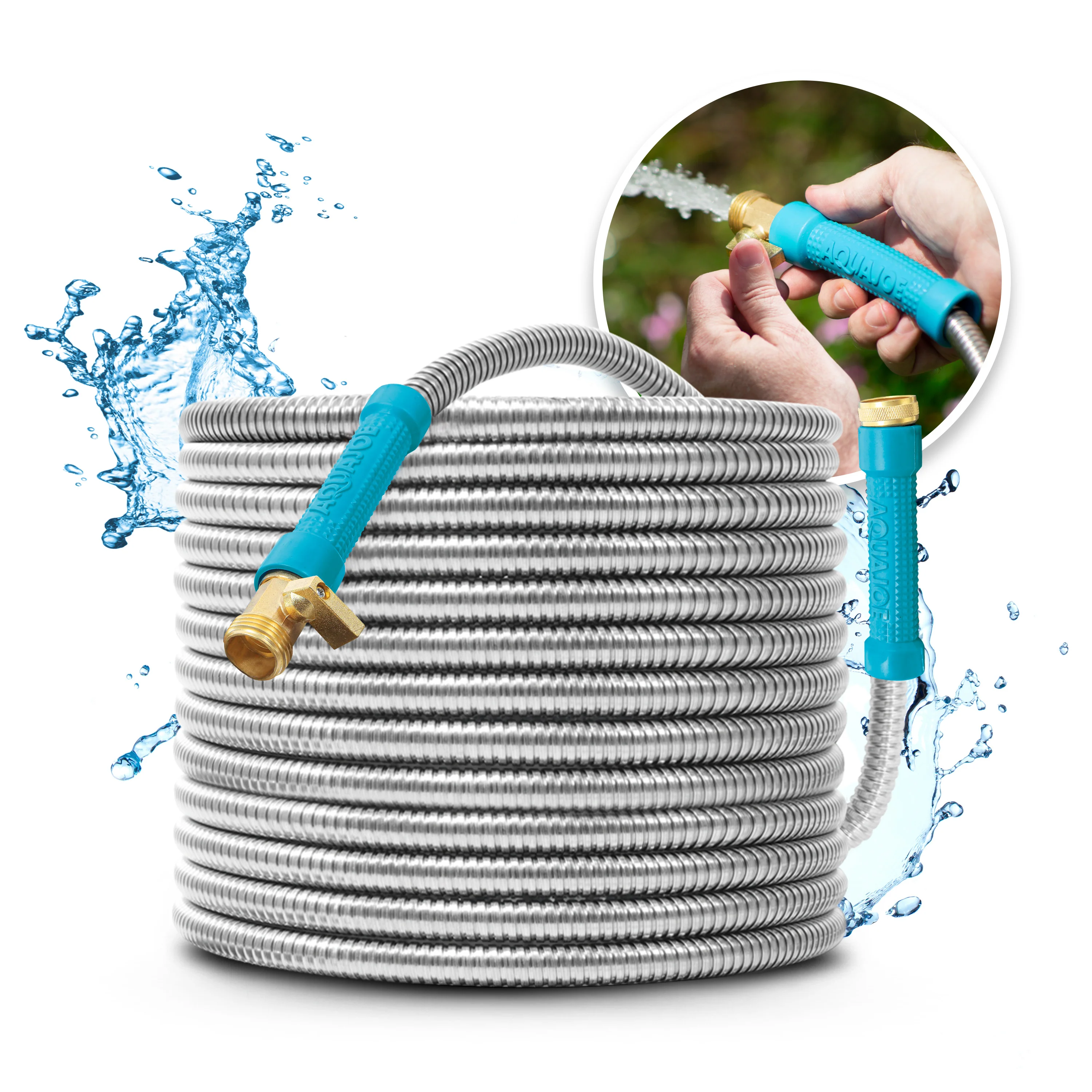 Aqua Joe AJSGH75-MAX Heavy-Duty Puncture Proof Garden Hose | 75-Foot | 1/2-Inch | w/ Brass Fitting & On/Off Valve | Spiral Constructed 304-Stainless Steel Metal