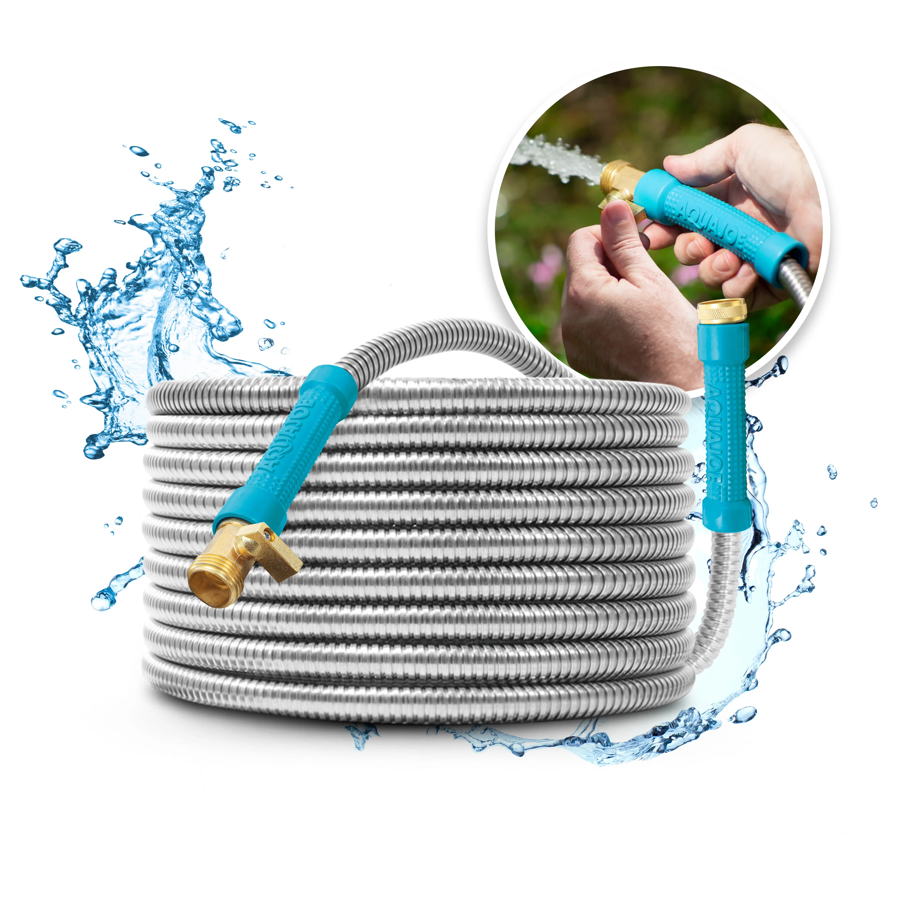 Aqua Joe AJSGH25-MAX Heavy-Duty Puncture Proof Garden Hose | 25-Foot | 1/2-Inch | w/ Brass Fitting & On/Off Valve | Spiral Constructed 304-Stainless Steel Metal