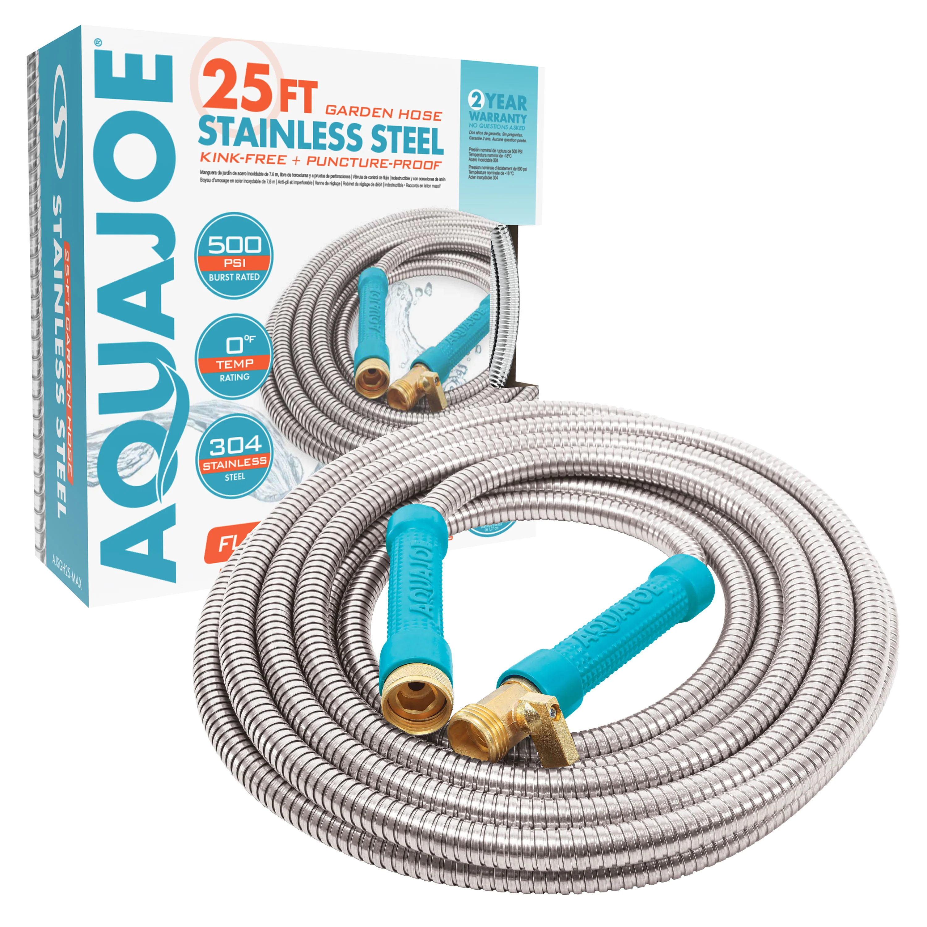 Aqua Joe AJSGH25-MAX Heavy-Duty Puncture Proof Garden Hose | 25-Foot | 1/2-Inch | w/ Brass Fitting & On/Off Valve | Spiral Constructed 304-Stainless Steel Metal - Image 2