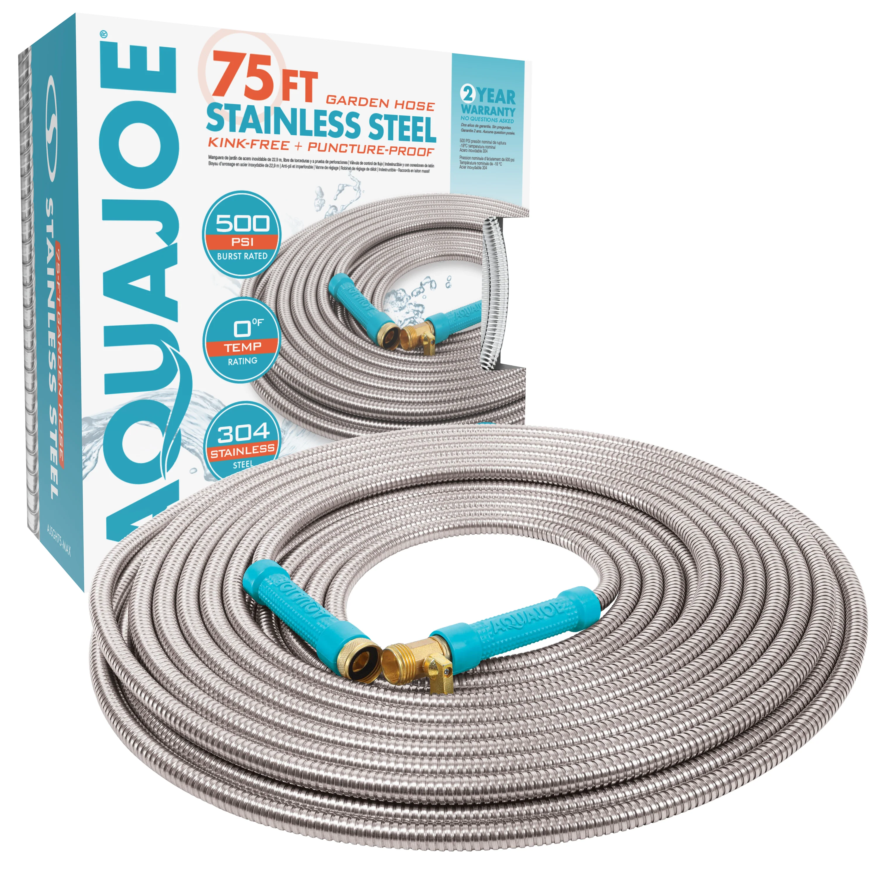 Aqua Joe AJSGH75-MAX Heavy-Duty Puncture Proof Garden Hose | 75-Foot | 1/2-Inch | w/ Brass Fitting & On/Off Valve | Spiral Constructed 304-Stainless Steel Metal - Image 2