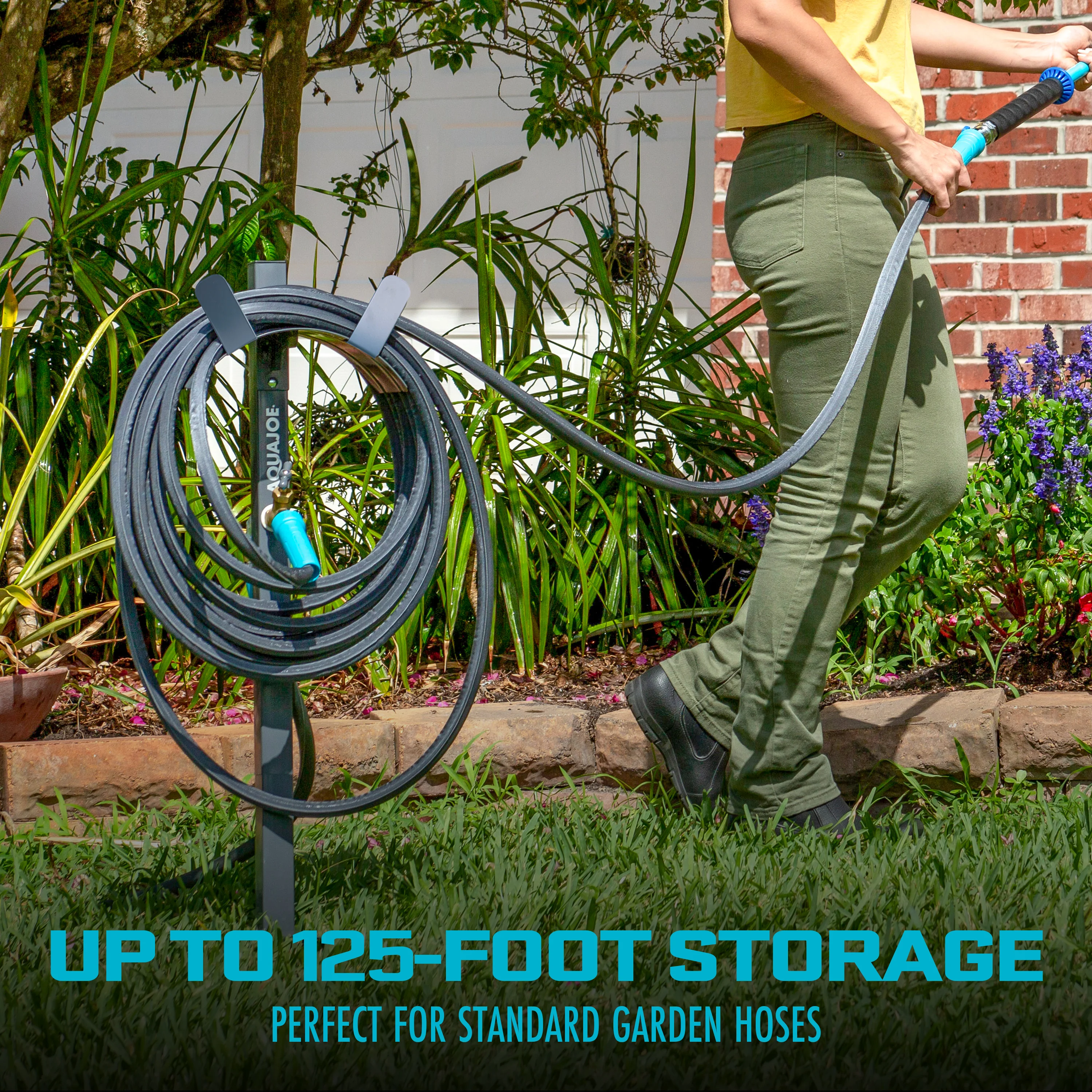 Aqua Joe Garden Hose Stand W/ Brass Faucet | Stores Up To 125-ft (Gray) - Image 3