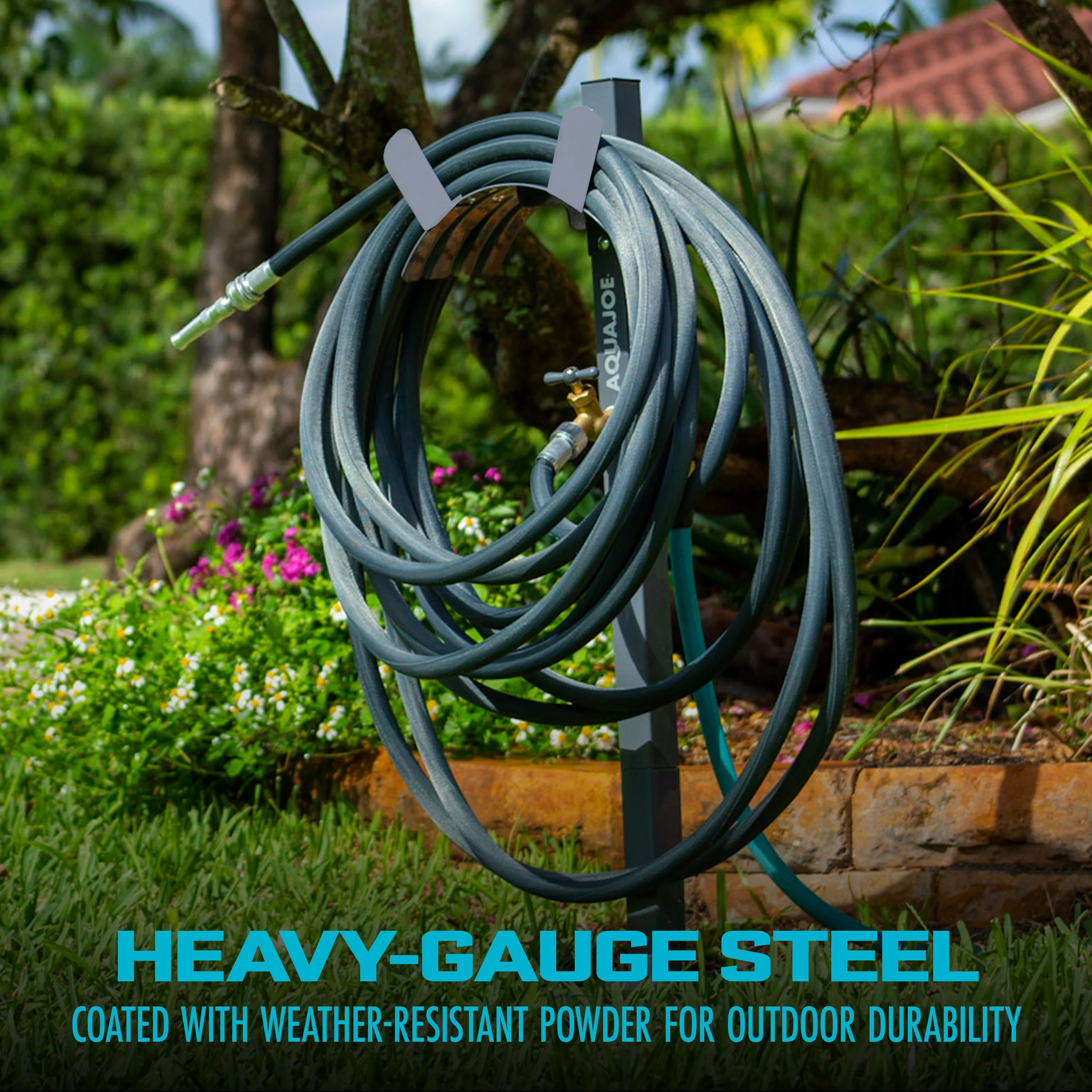 Aqua Joe Garden Hose Stand W/ Brass Faucet | Stores Up To 125-ft (Gray) - Image 4