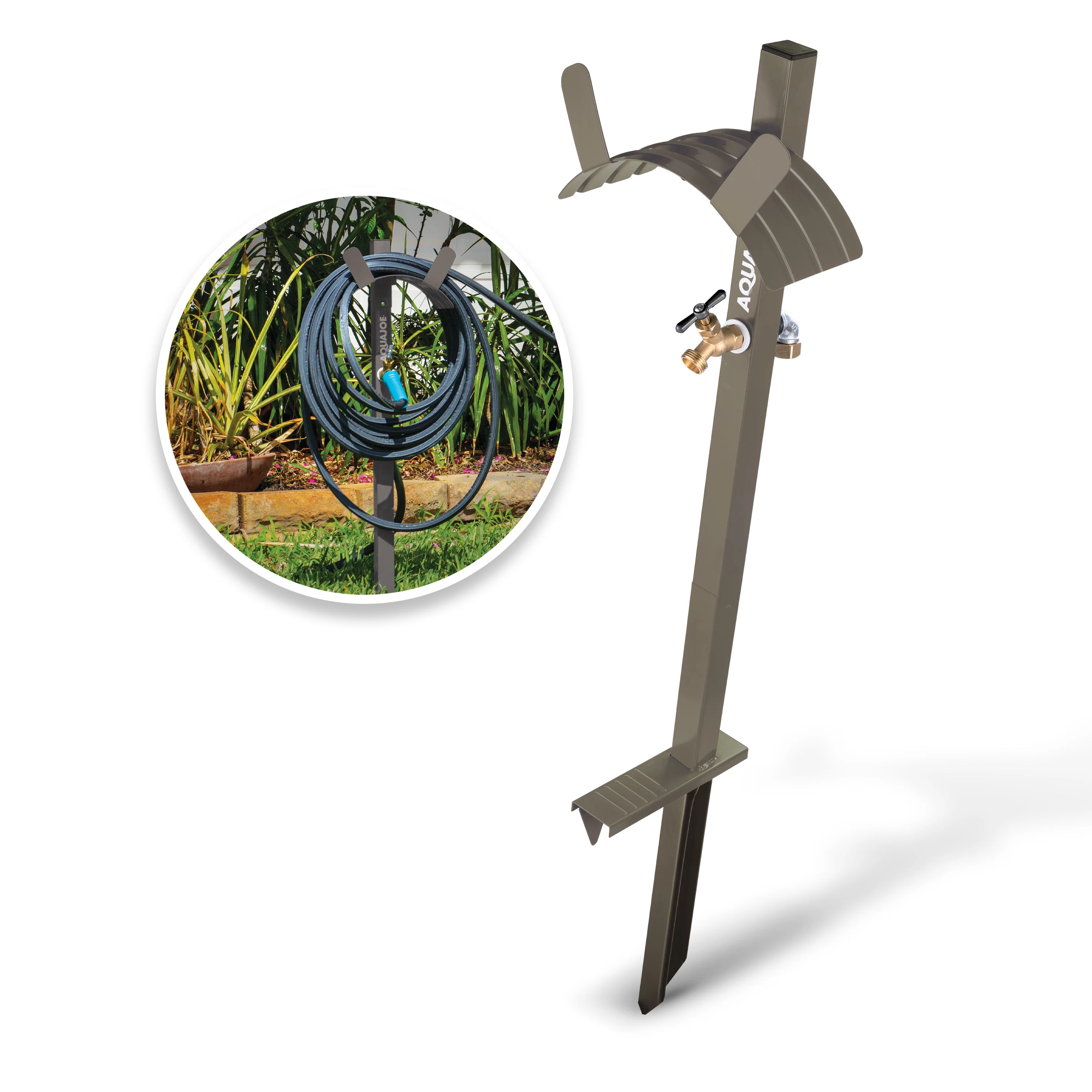 Aqua Joe SJ-SHSBB-TAN Garden Hose Stand W/ Brass Faucet | Stores Up To 125-ft (Tan)
