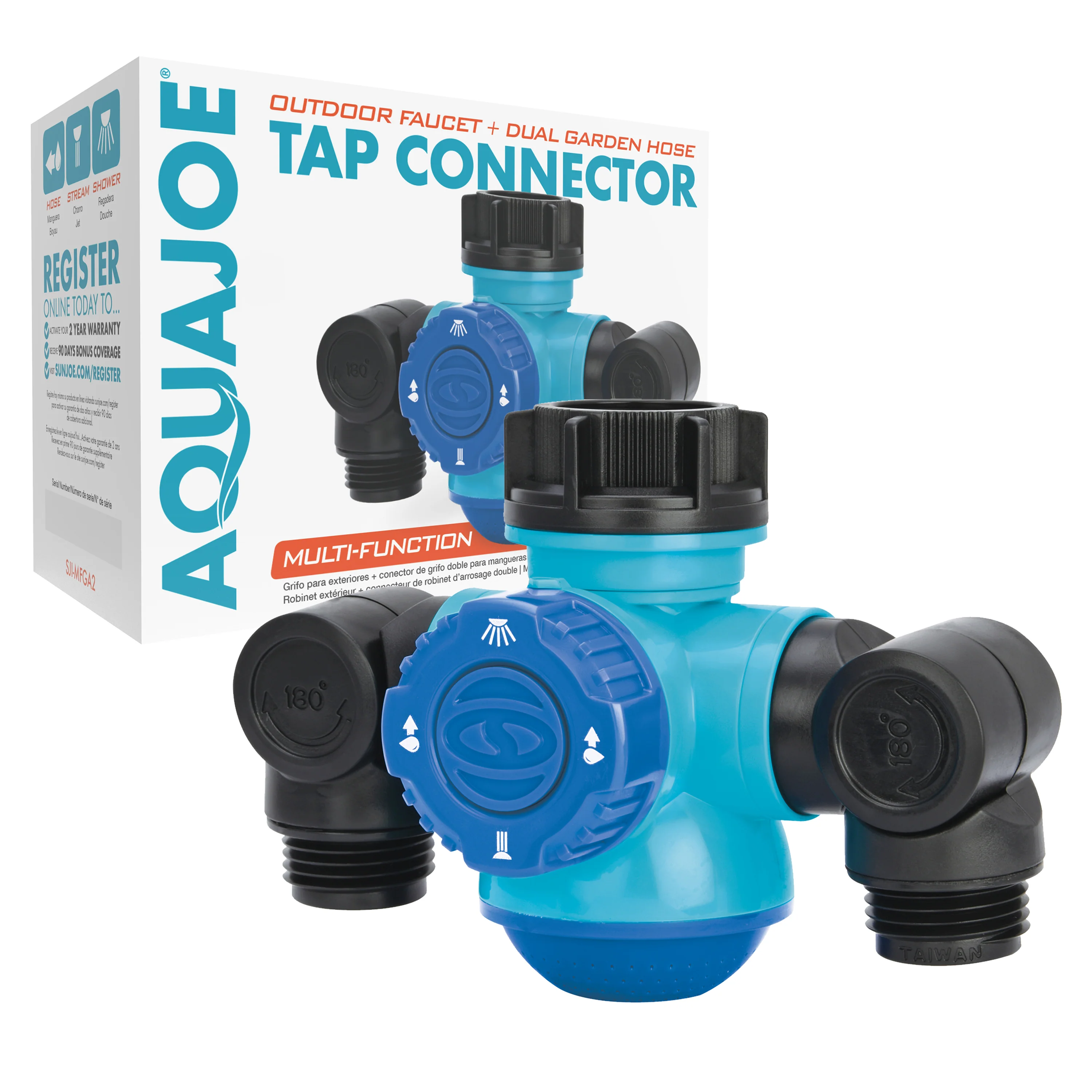 Aqua Joe Multi-Function Outdoor Faucet & Dual Garden Hose Tap Connector | 3/4-Inch Thread Size