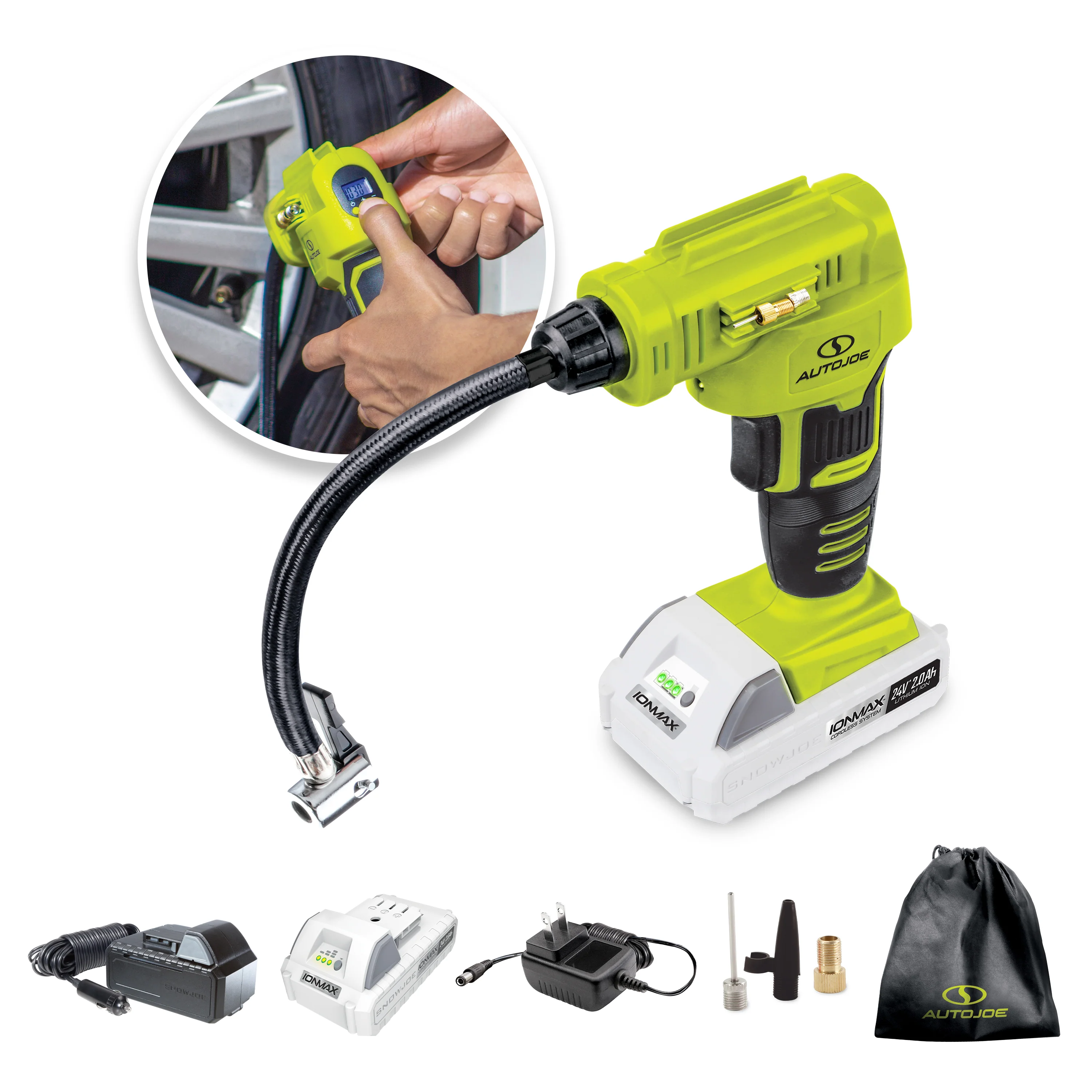 Auto Joe 24-Volt IONMAX Cordless Portable Air Compressor Bundle Kit | W/ 2.0-Ah Battery, Charger, and Car Adapter