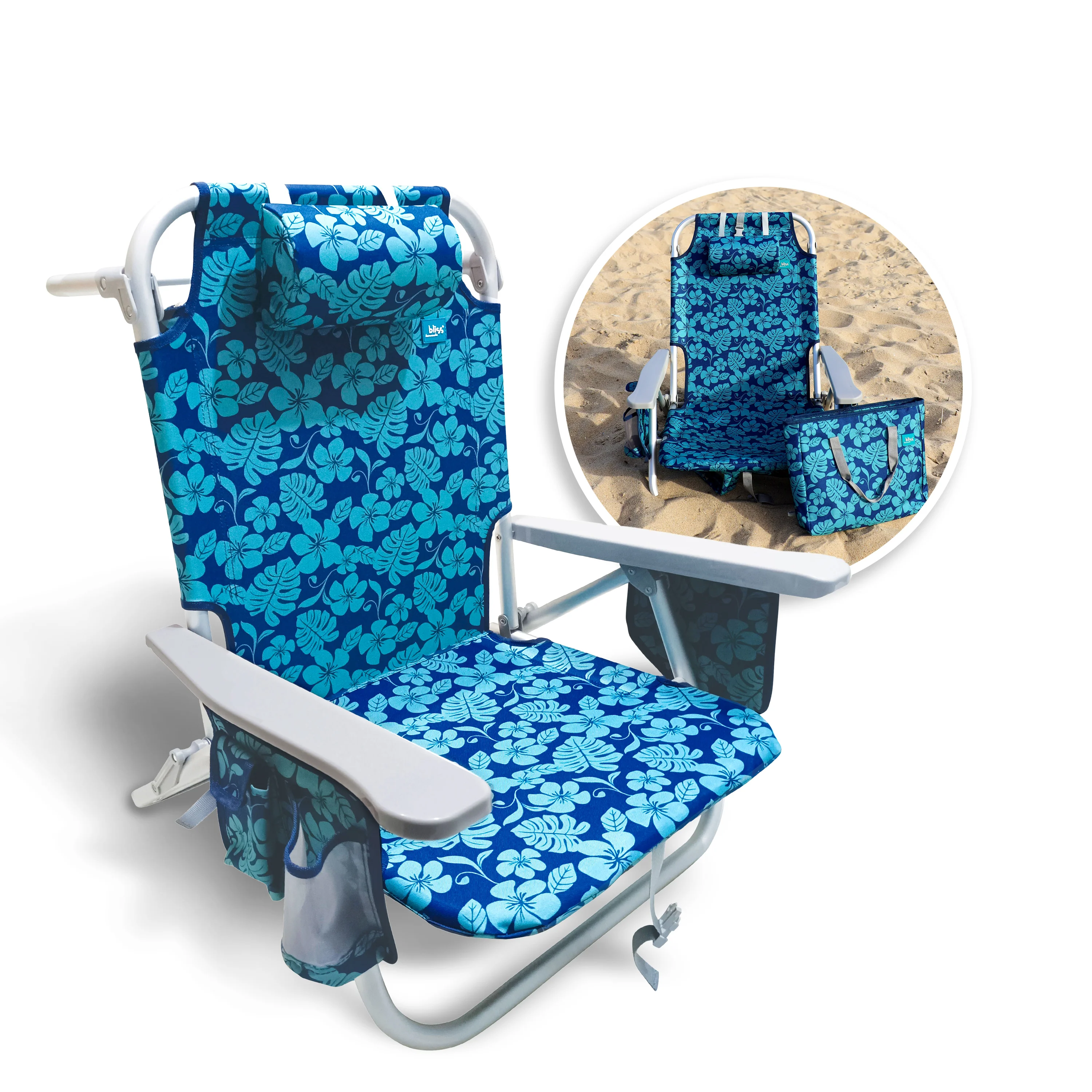 Bliss Hammocks Backpack Aluminum Beach Chair W/ Side Pocket & Detachable Cooler Bag | 5 Reclining Positions | 275 Lb. Capacity (Blue Flower)