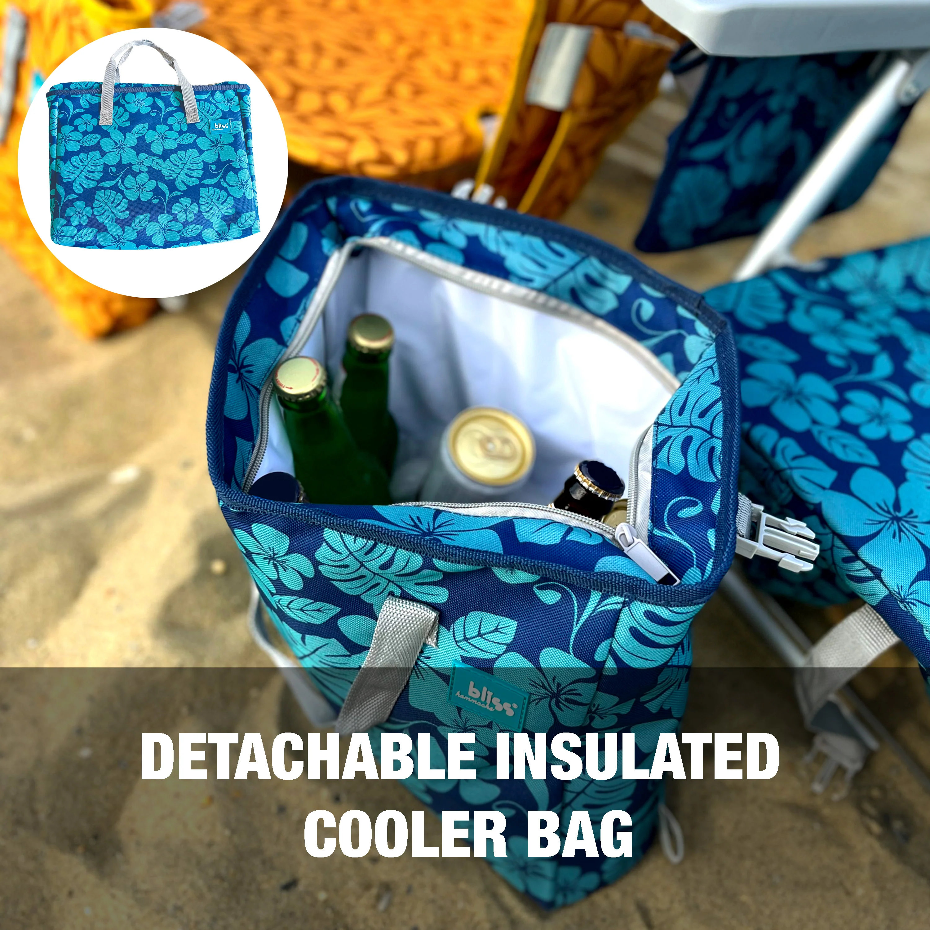 Bliss Hammocks Backpack Aluminum Beach Chair W/ Side Pocket & Detachable Cooler Bag | 5 Reclining Positions | 275 Lb. Capacity (Blue Flower) - Image 12