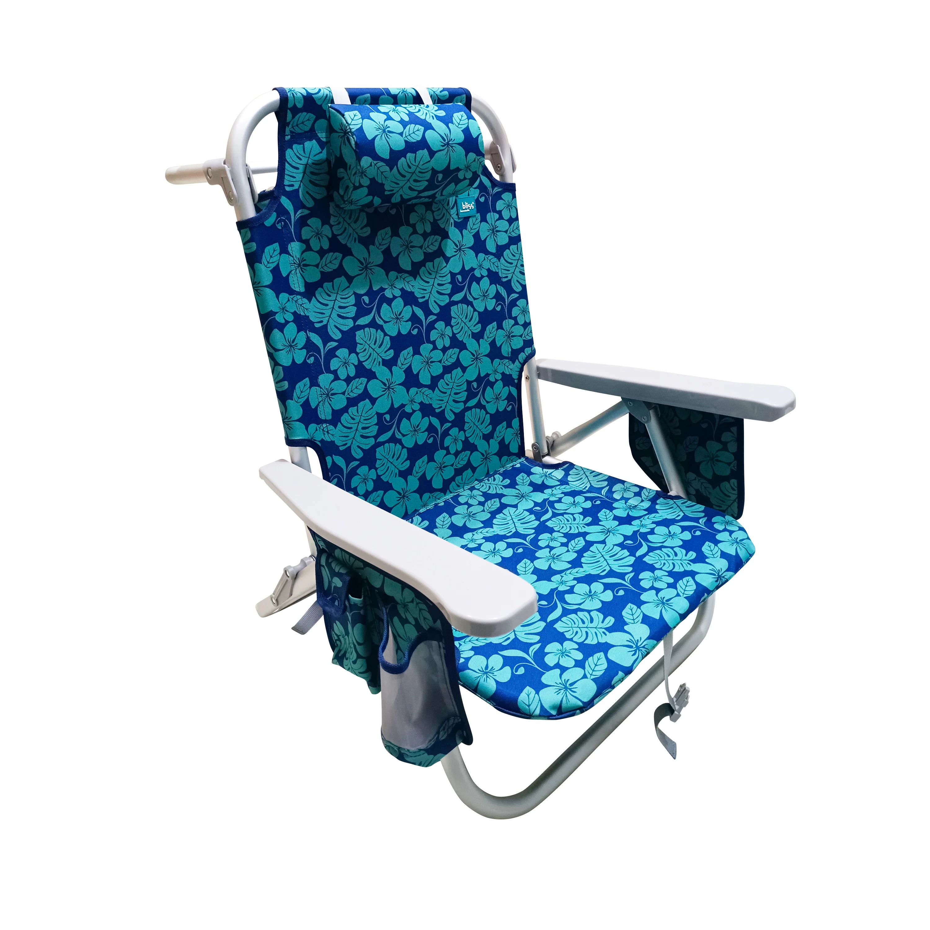 Bliss Hammocks Backpack Aluminum Beach Chair W/ Side Pocket & Detachable Cooler Bag | 5 Reclining Positions | 275 Lb. Capacity (Blue Flower) - Image 2
