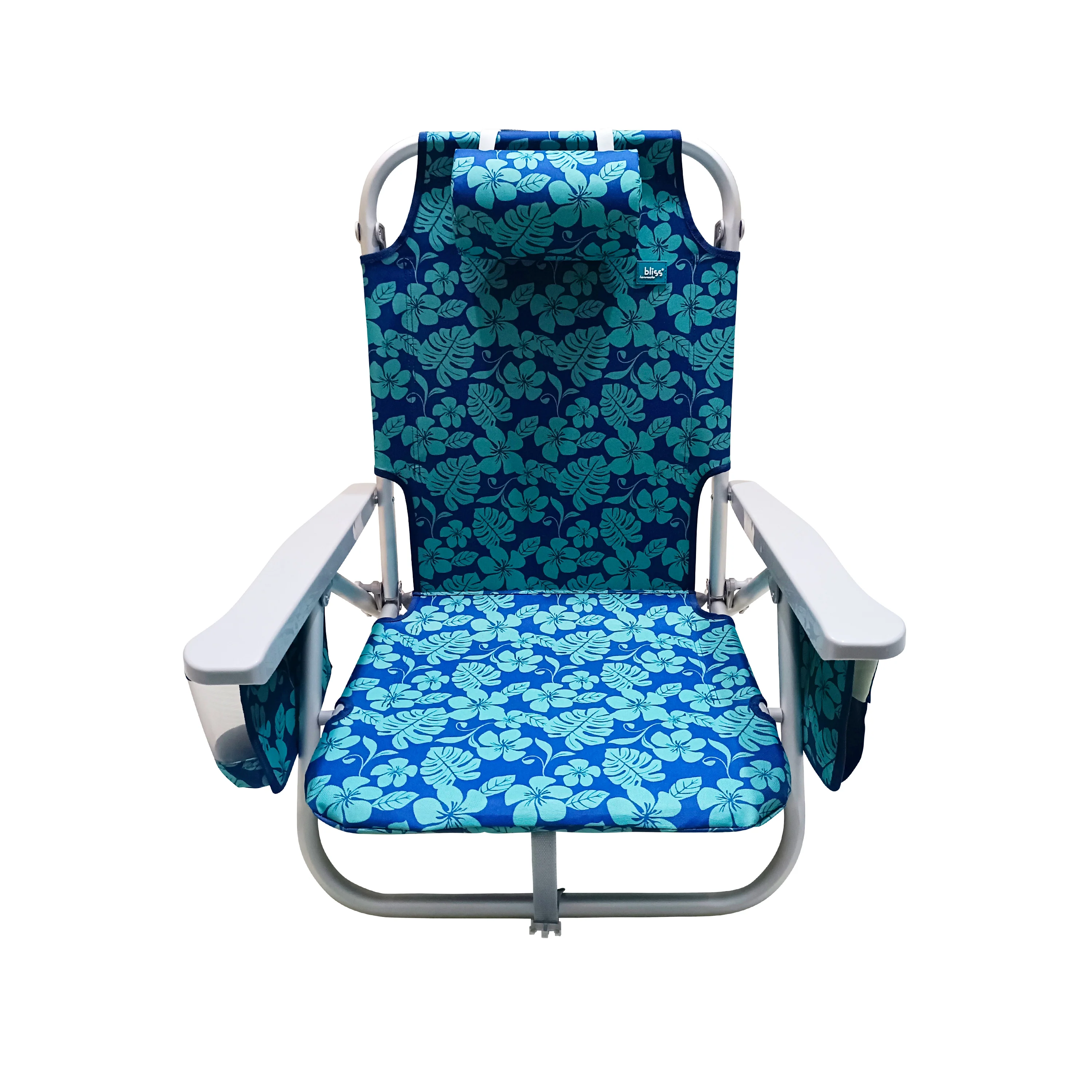 Bliss Hammocks Backpack Aluminum Beach Chair W/ Side Pocket & Detachable Cooler Bag | 5 Reclining Positions | 275 Lb. Capacity (Blue Flower) - Image 3