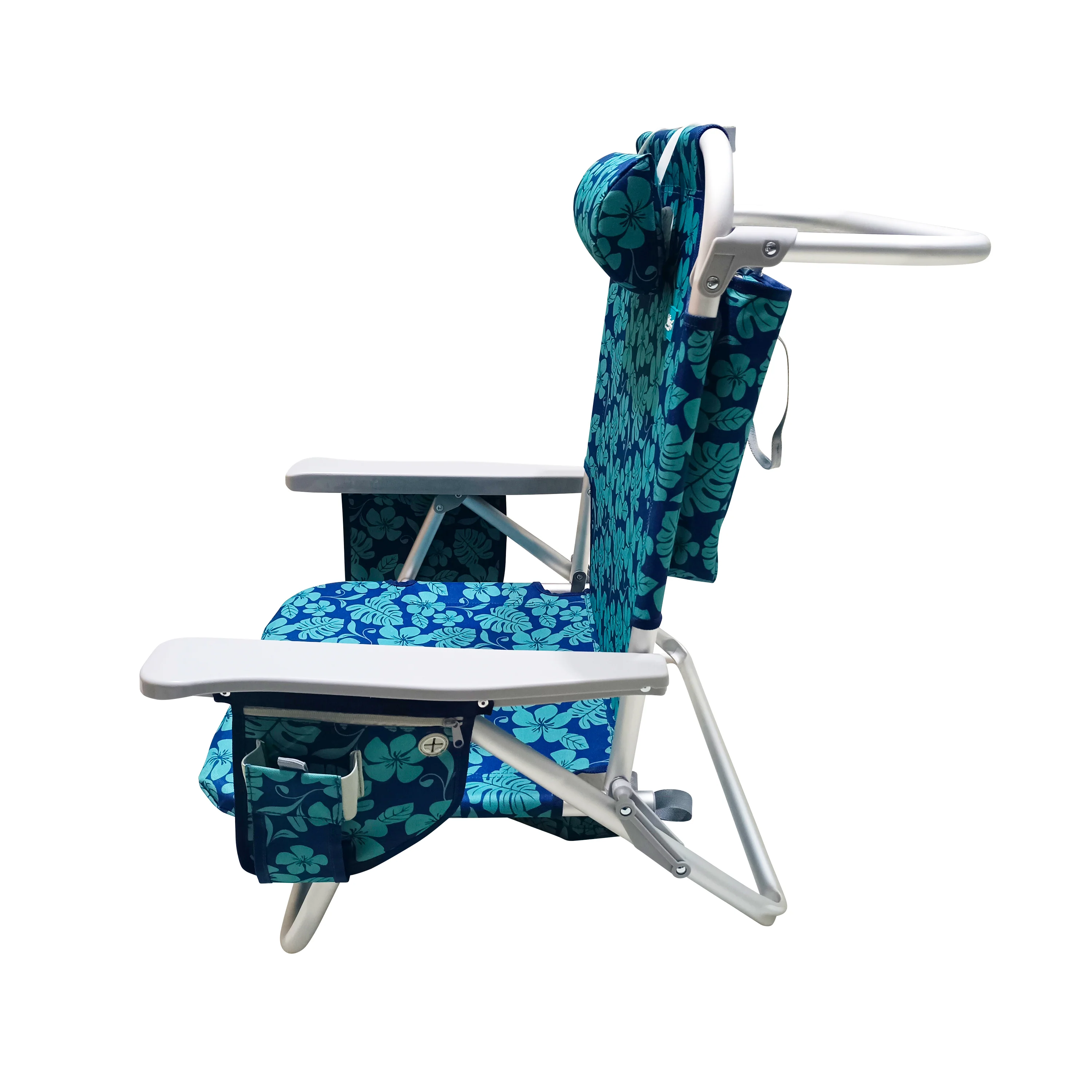 Bliss Hammocks Backpack Aluminum Beach Chair W/ Side Pocket & Detachable Cooler Bag | 5 Reclining Positions | 275 Lb. Capacity (Blue Flower) - Image 4