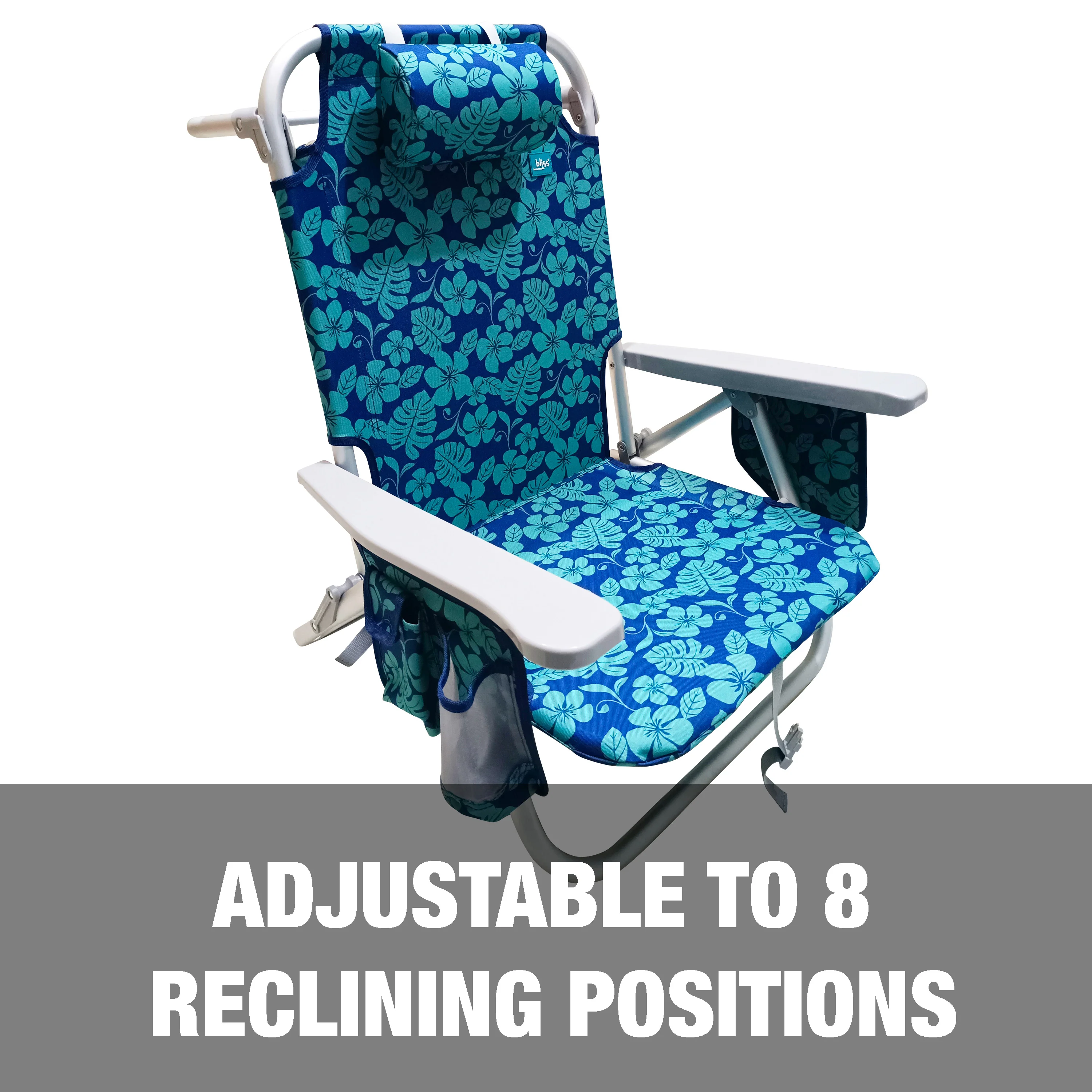 Bliss Hammocks Backpack Aluminum Beach Chair W/ Side Pocket & Detachable Cooler Bag | 5 Reclining Positions | 275 Lb. Capacity (Blue Flower) - Image 6