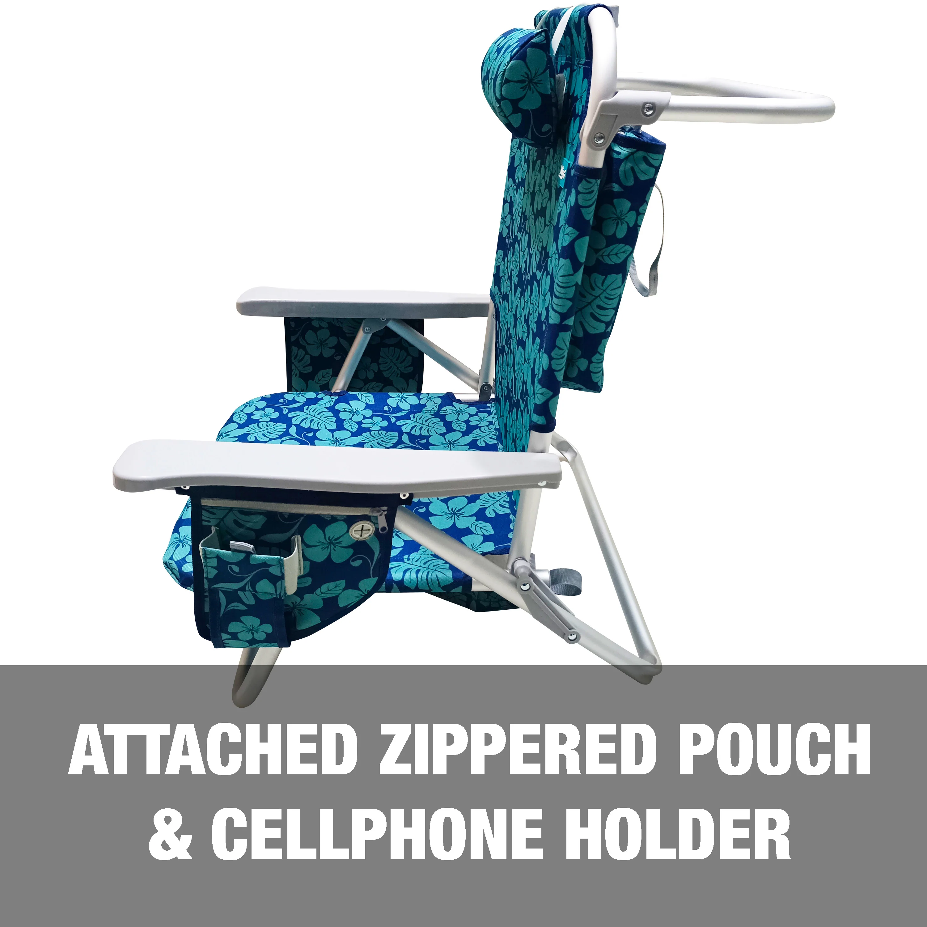 Bliss Hammocks Backpack Aluminum Beach Chair W/ Side Pocket & Detachable Cooler Bag | 5 Reclining Positions | 275 Lb. Capacity (Blue Flower) - Image 8