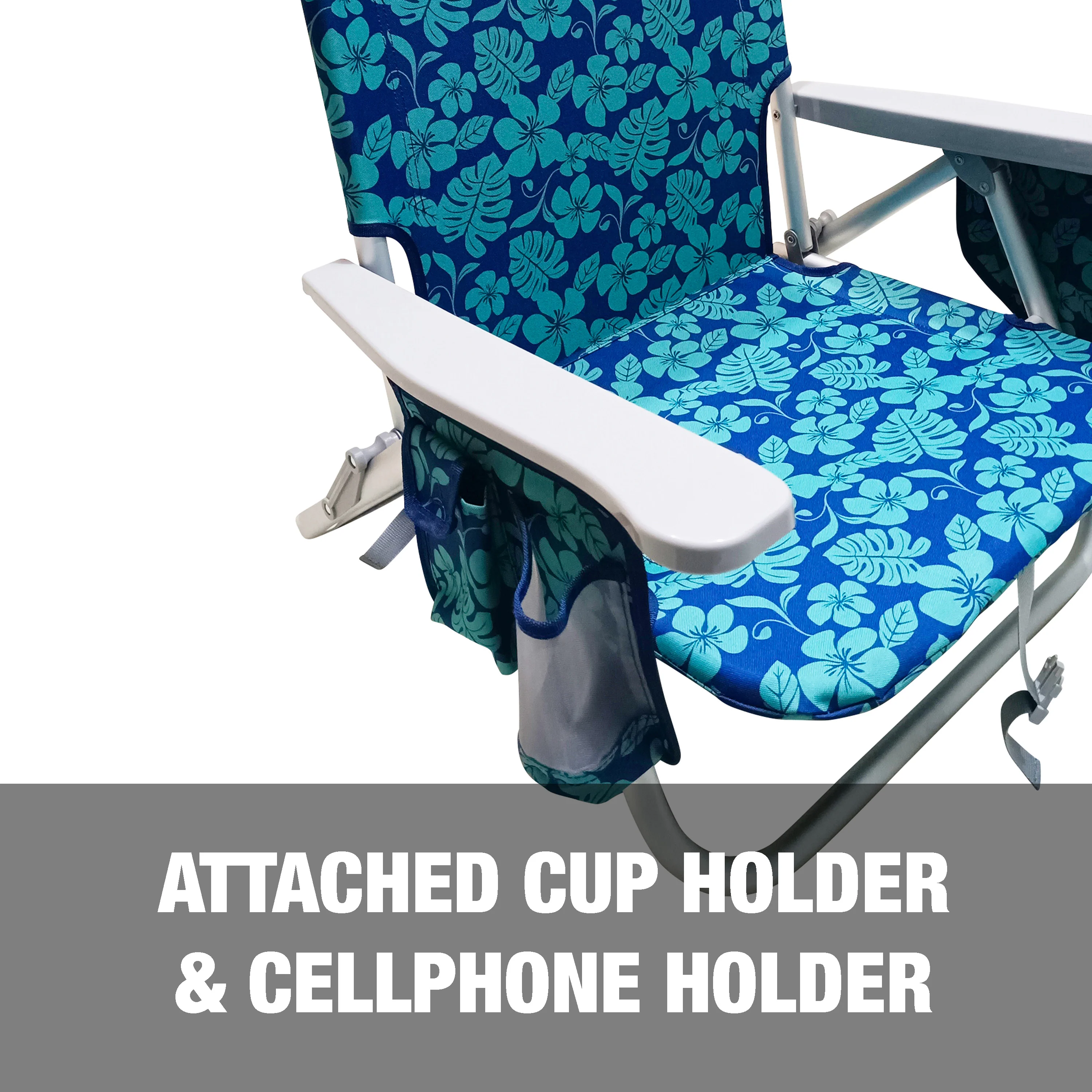 Bliss Hammocks Backpack Aluminum Beach Chair W/ Side Pocket & Detachable Cooler Bag | 5 Reclining Positions | 275 Lb. Capacity (Blue Flower) - Image 9
