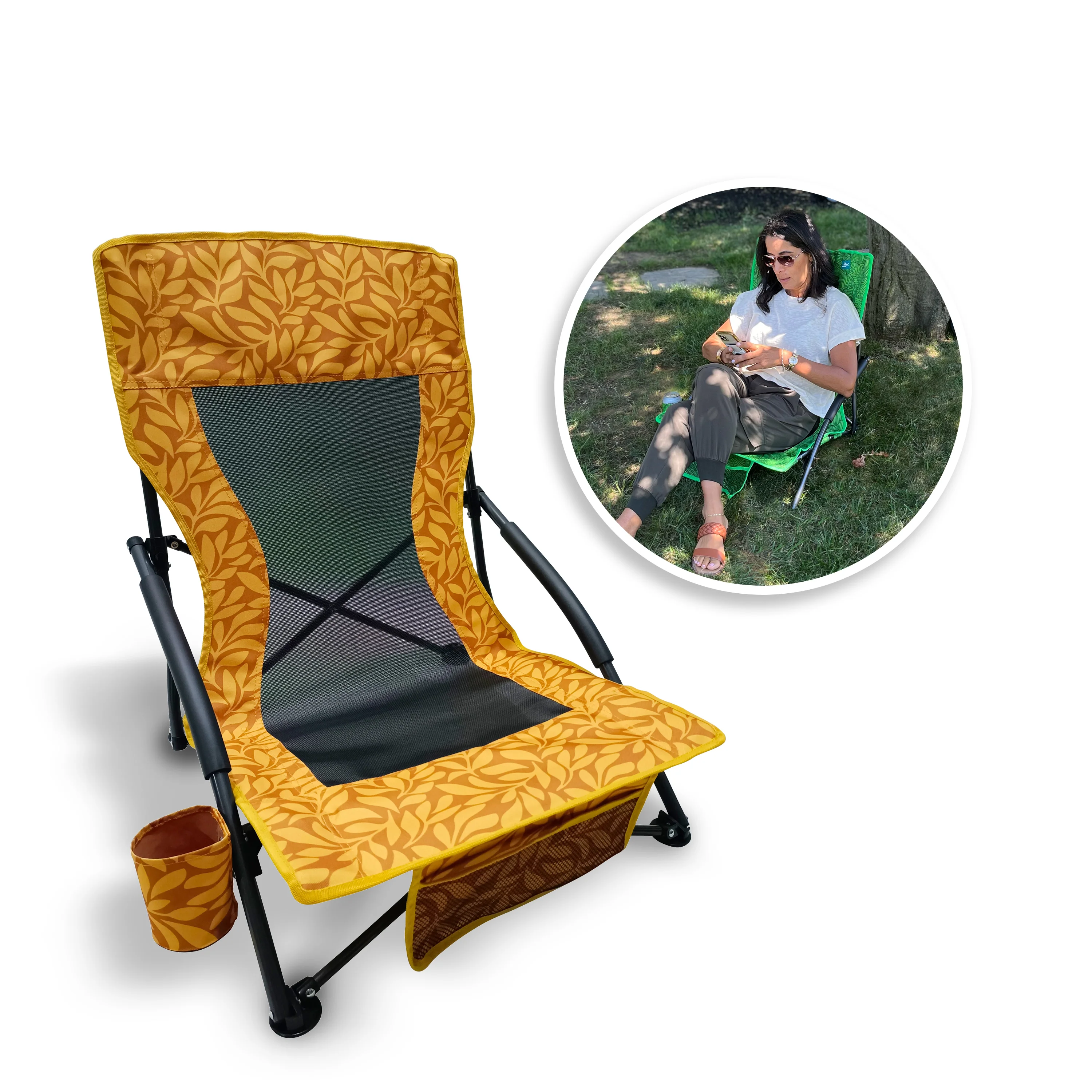 Bliss Hammocks BBC-353-AL Collapsible Beach Chair W/ Cup Holder | Storage Bag Included | 275 Lb. Capacity (Amber Leaf)