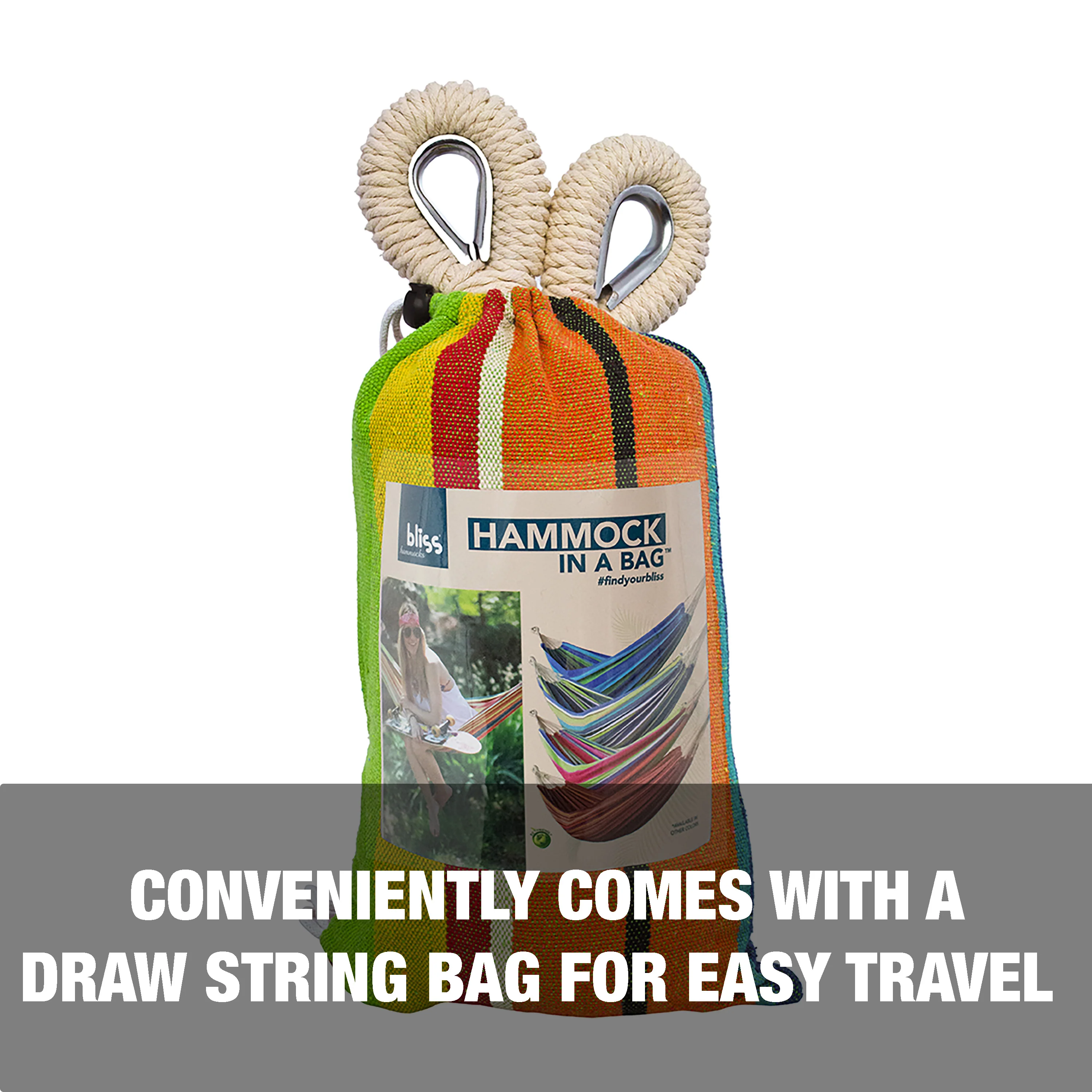 Bliss Hammocks BH-400-GC Hammock in a Bag W/ Rope loops & Hanging Hardware | 40-in. Wide | 220 Lb. Capacity (Guacamole Stripe) - Image 3