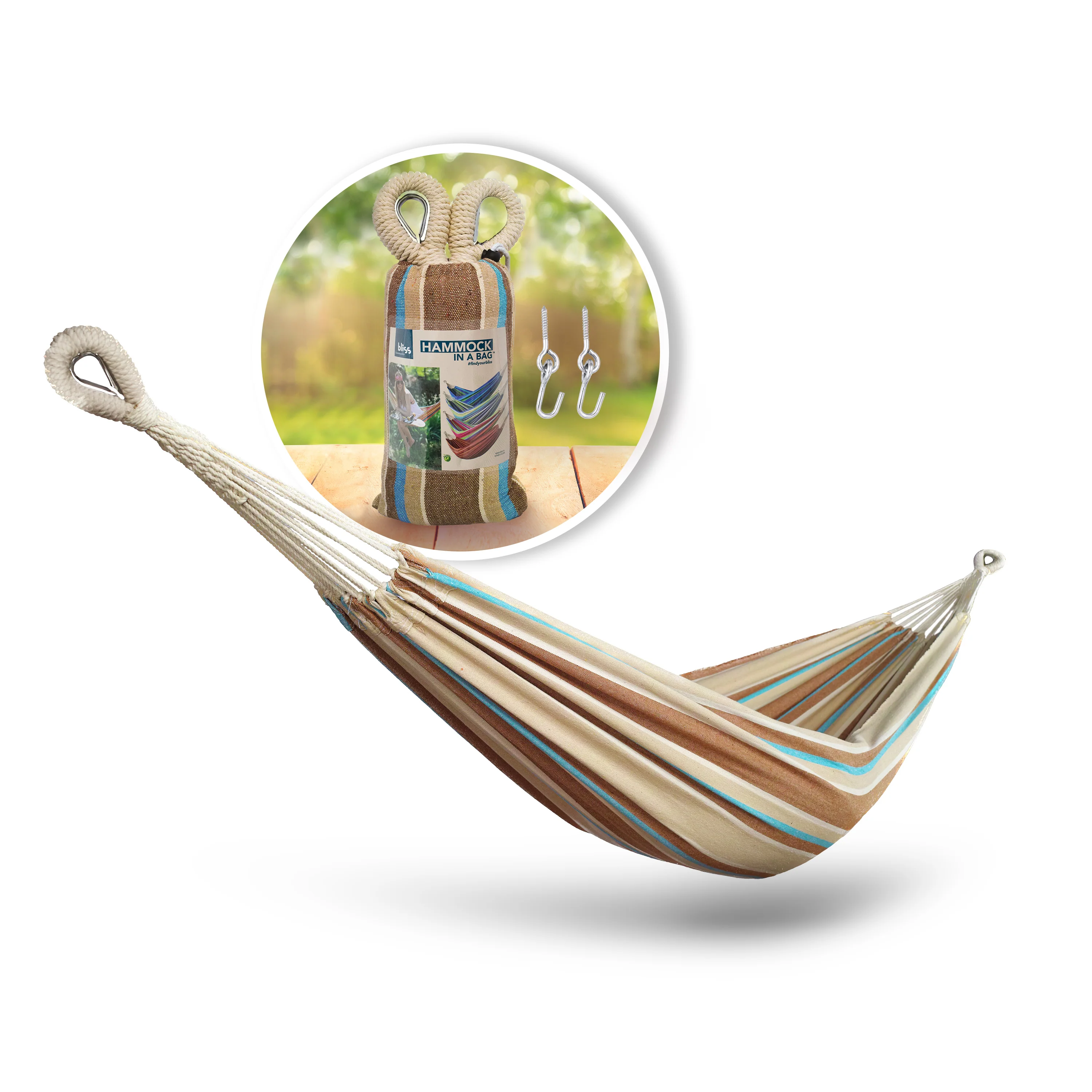 Bliss Hammocks BH-400-HA Hammock in a Bag W/ Rope loops & Hanging Hardware | 40-in. Wide | 220 Lb. Capacity (Hampton Stripe)