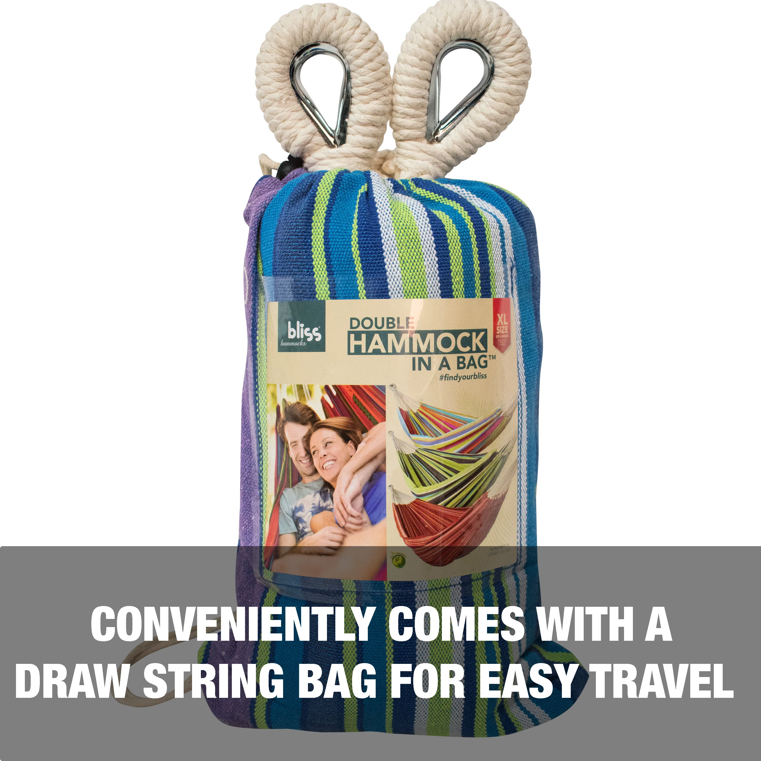 Bliss Hammocks BH-401-MB Double Hammock in a Bag W/ Rope loops & Hanging Hardware | 60-in. Wide | 265 Lb. Capacity (Malibu) - Image 4