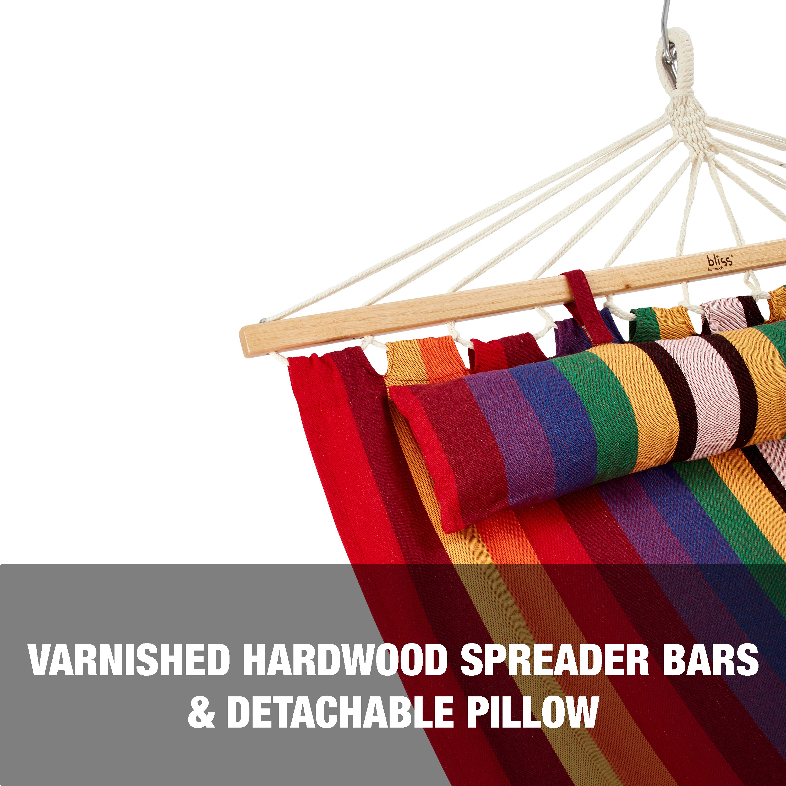 Bliss Hammocks BH-404 Caribbean Hammock w/ Pillow & Hanging Hardware | 48-in. Wide | 265 Lb. Capacity (Tequila Sunrise) - Image 3