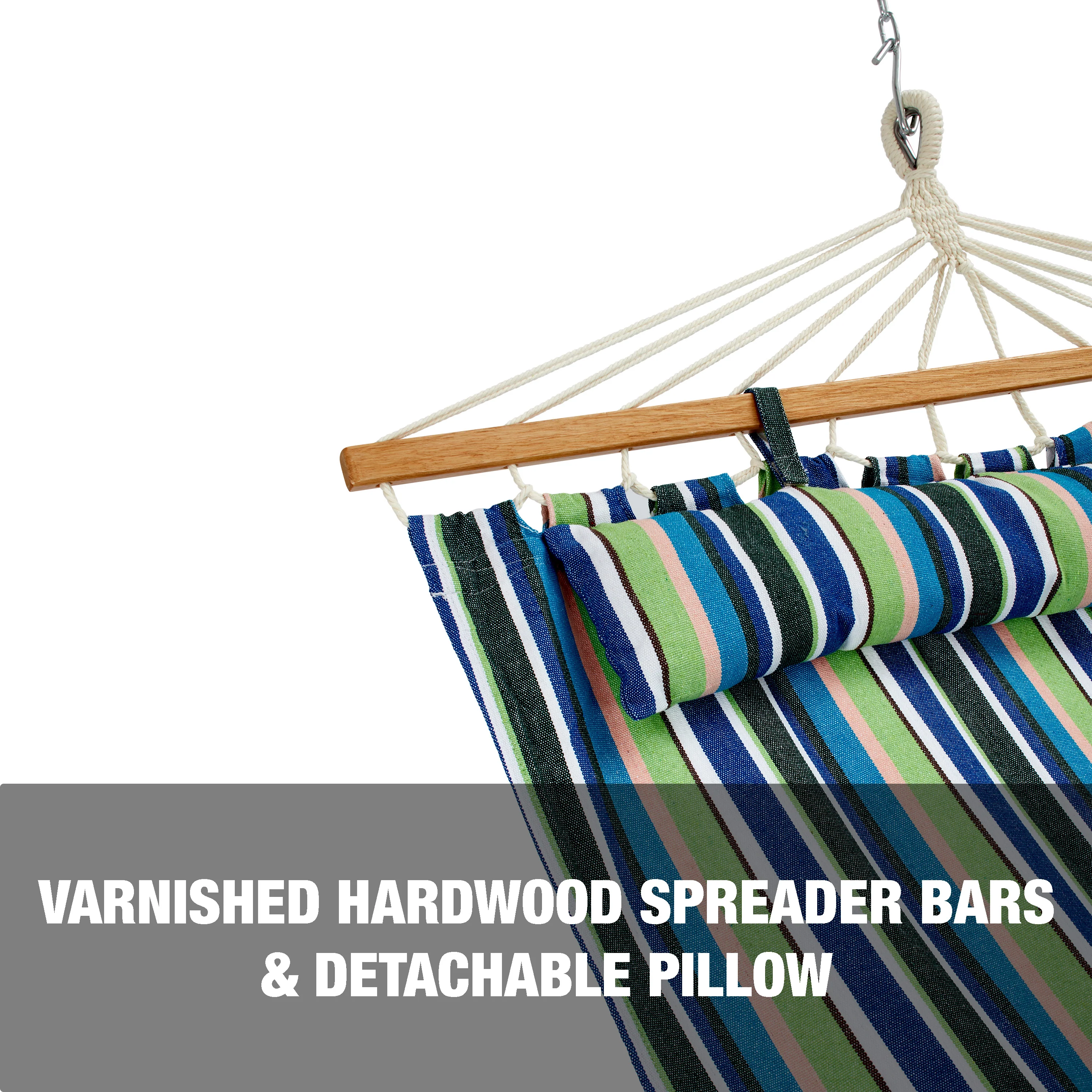 Bliss Hammocks BH-404G Caribbean Hammock W/ Pillow & Hanging Hardware | 48-in. Wide | 265 Lb. Capacity (Candy Stripe) - Image 3