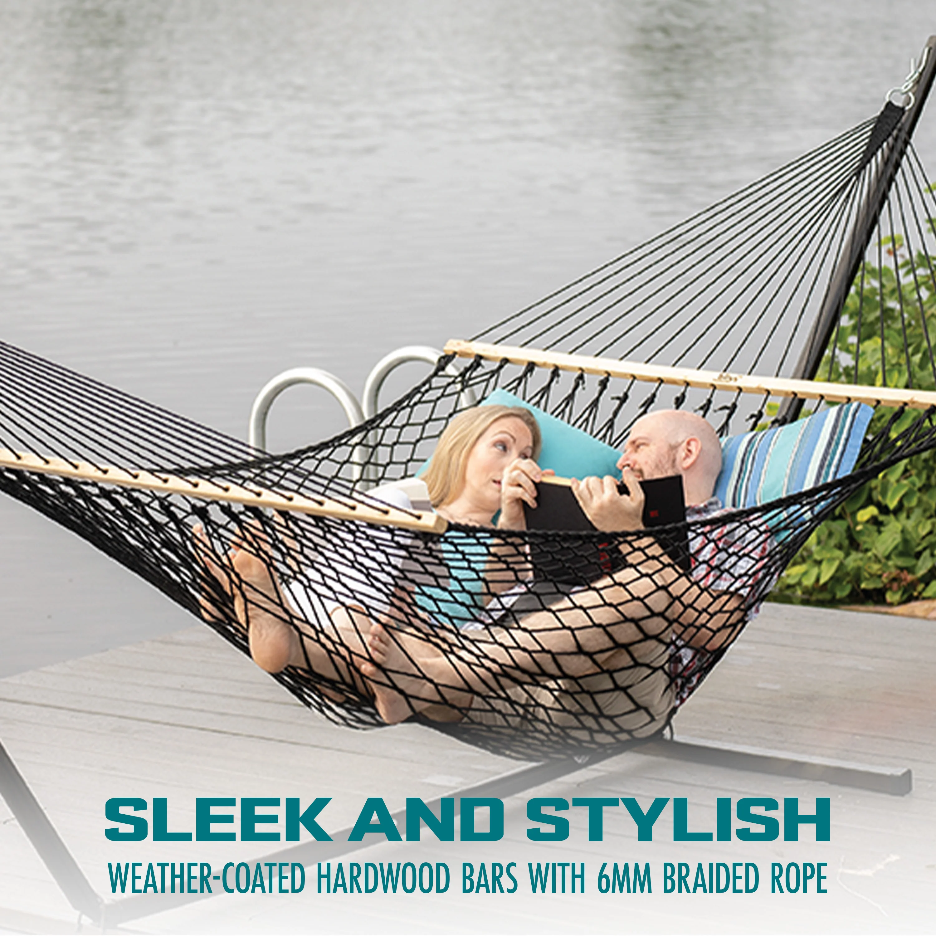 Bliss Hammocks BH-410BK Cotton Rope Hammock w/ Spreader Bar & Hanging Hardware | 60-in. Wide | 450 Lb. Capacity (Black) - Image 3