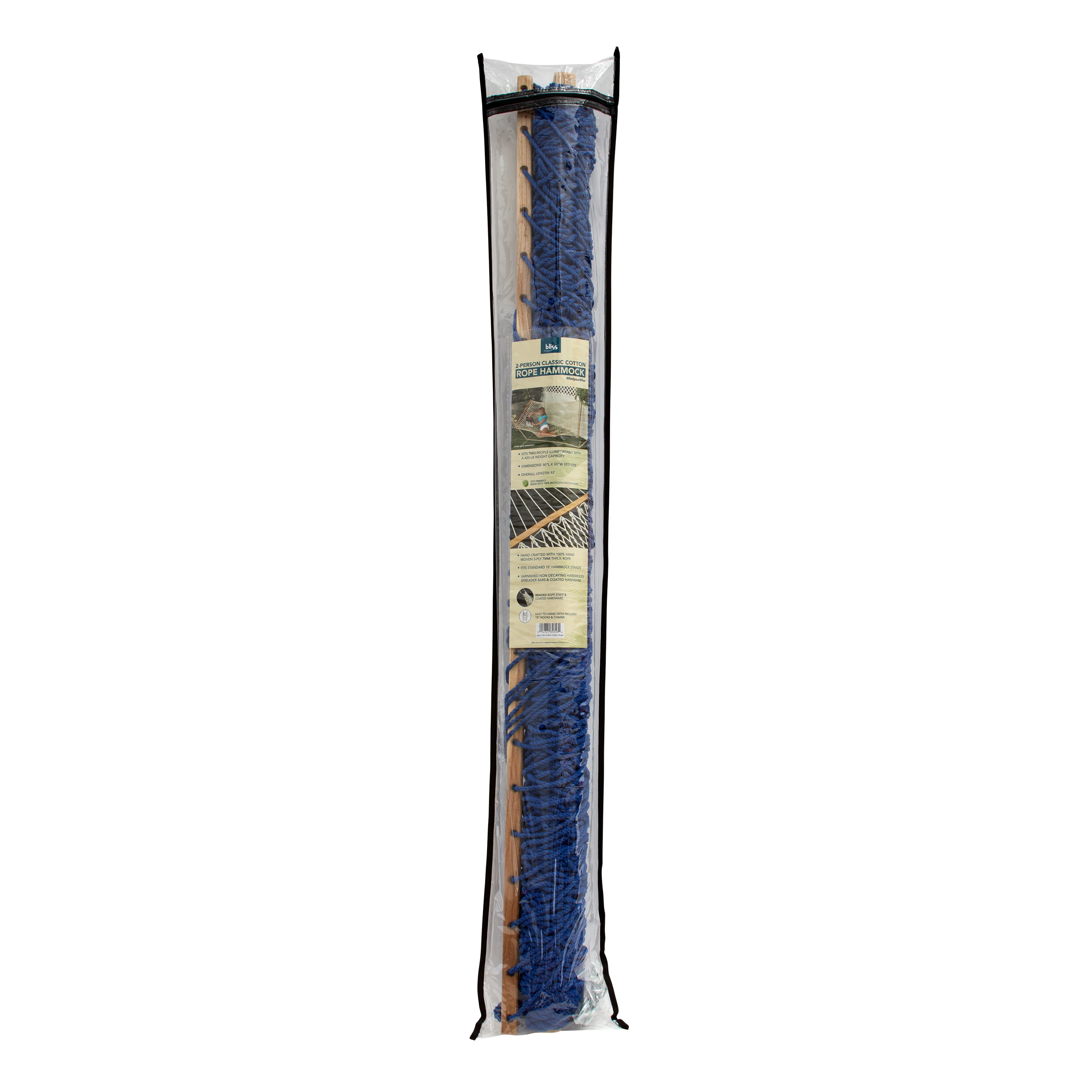 Bliss Hammocks BH-410BLU Cotton Rope Hammock w/ Spreader Bar & Hanging Hardware | 60-in. Wide | 450 Lb. Capacity (Blue) - Image 7