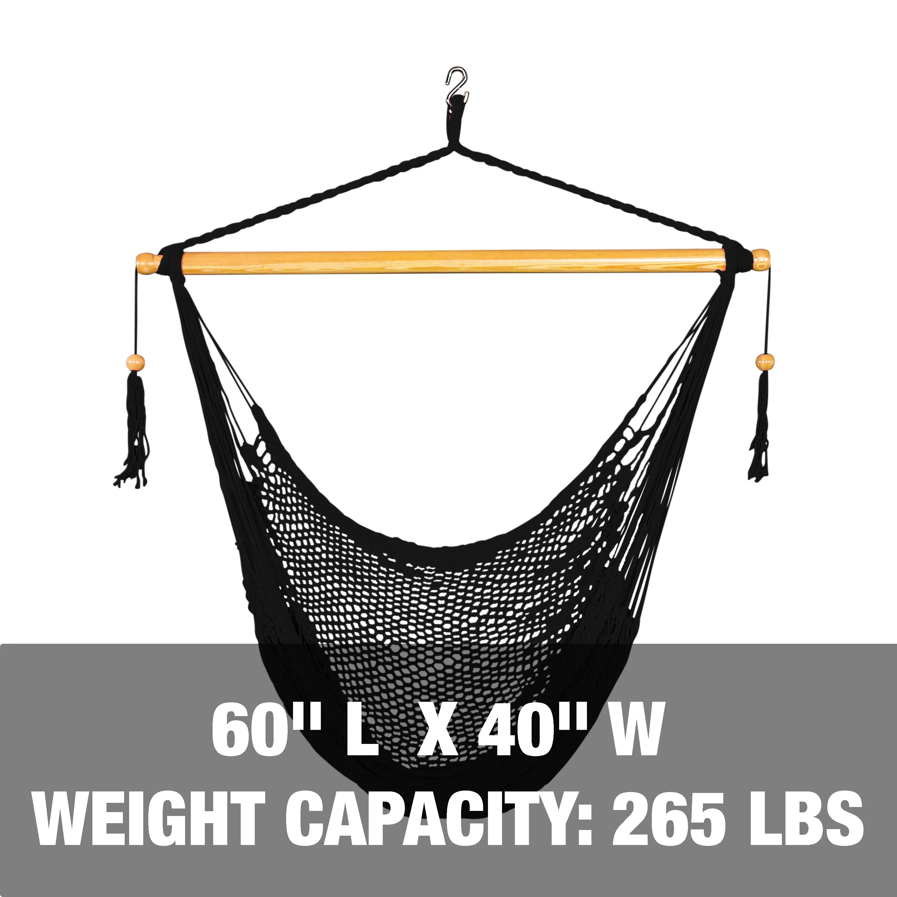 Bliss Hammocks BHC-412BLK Island Rope Hammock Chair w/ Spreader Bar & Hanging Hardware | 40-in. Wide | 265 Lb. Capacity (Black) - Image 3