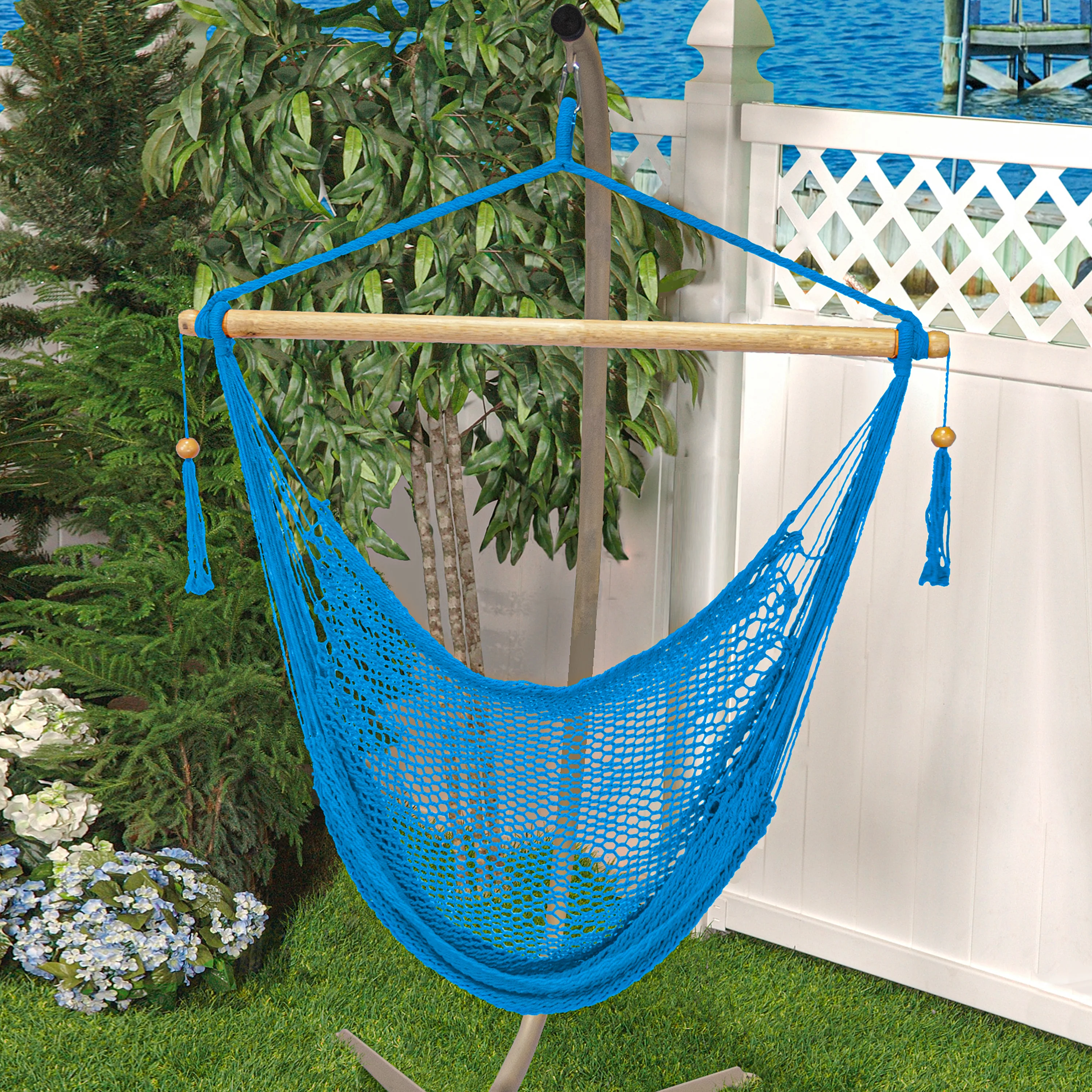 Bliss Hammocks BHC-412LB Island Rope Hammock Chair W/ Spreader Bar & Hanging Hardware | 40-in. Wide | 265 Lb. Capacity (Light Blue) - Image 7