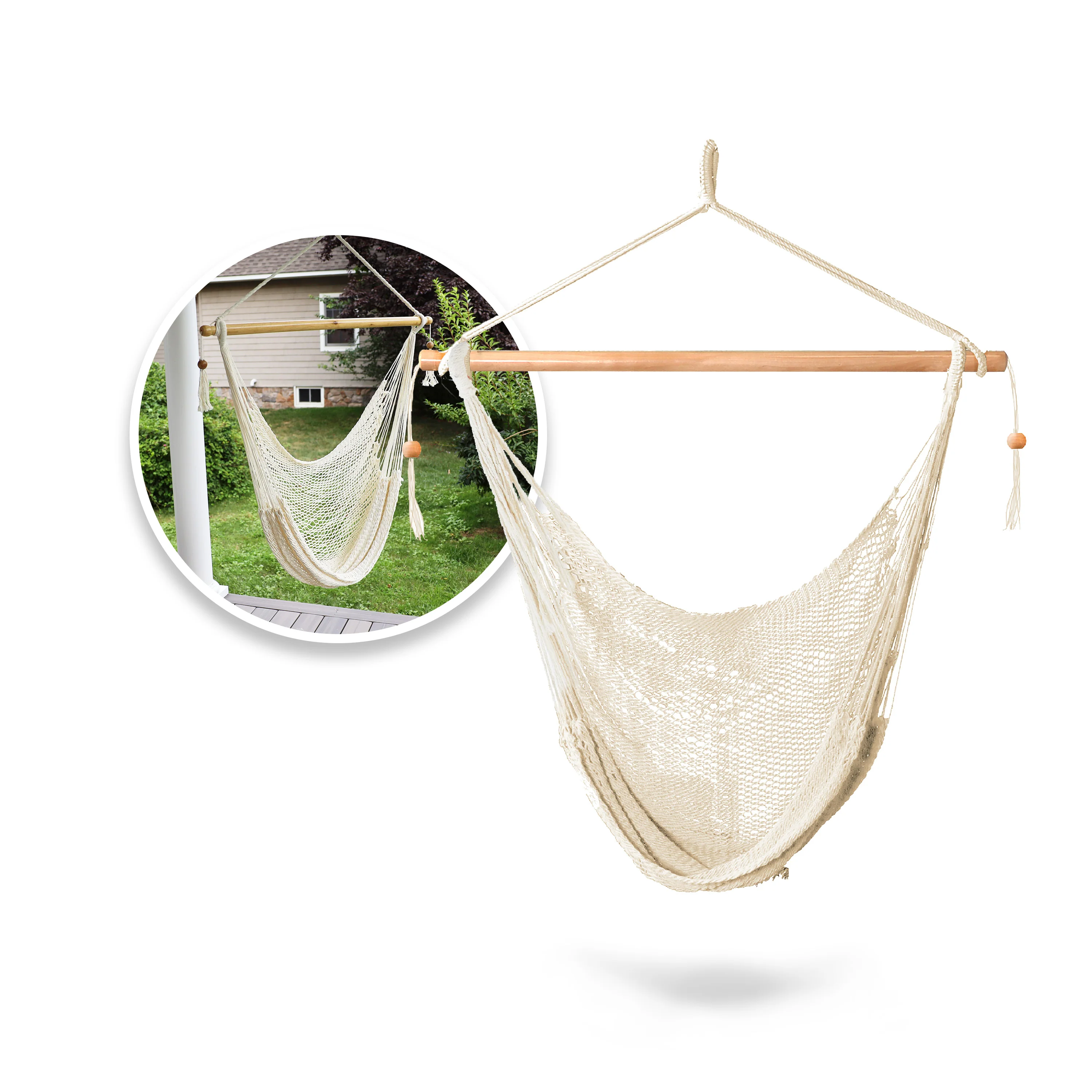 Bliss Hammocks BHC-412NT Island Rope Hammock Chair W/ Spreader Bar & Hanging Hardware | 40-in. Wide | 265 Lb. Capacity (Natural)