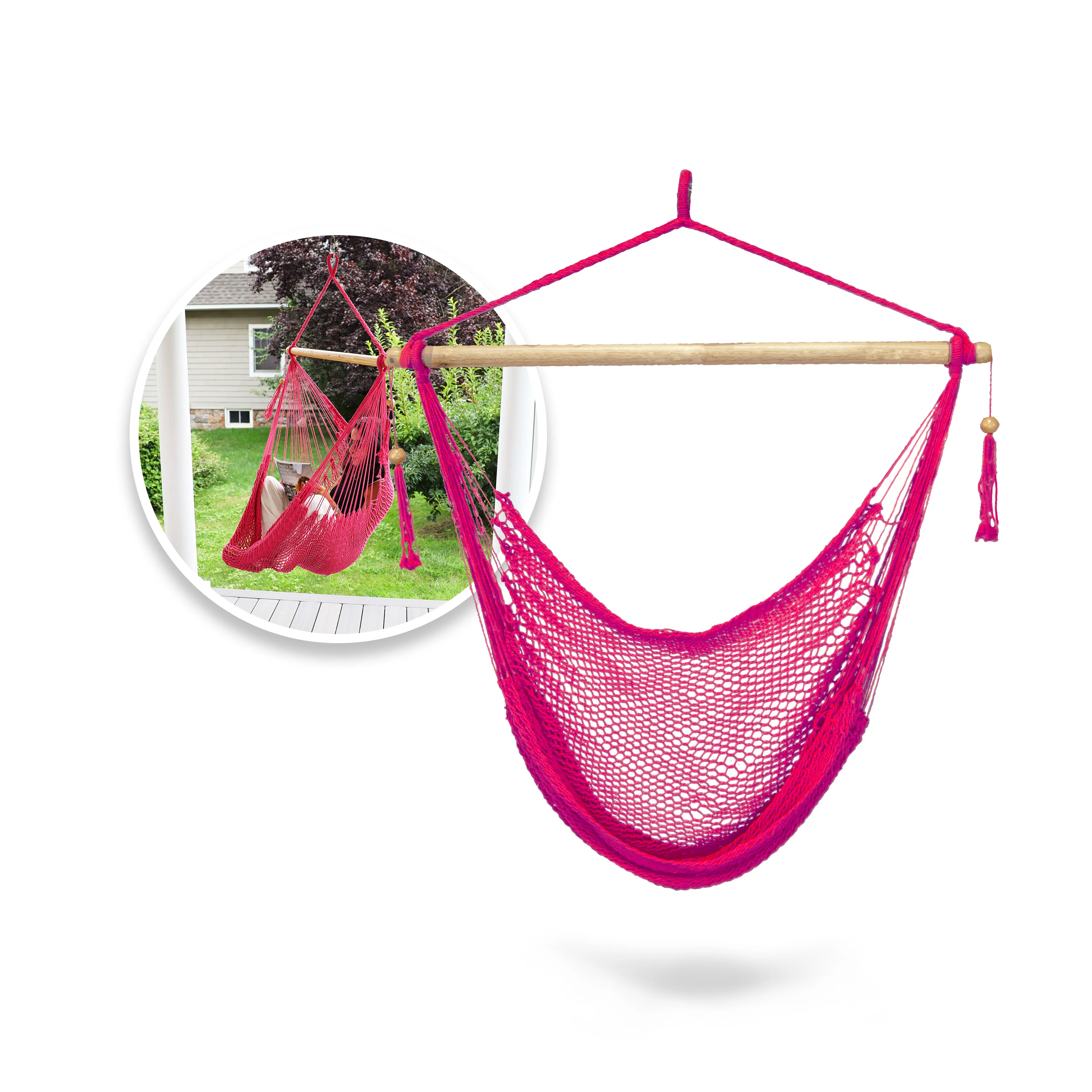 Bliss Hammocks BHC-412PK Island Rope Hammock Chair w/ Spreader Bar & Hanging Hardware | 40-in. Wide | 265 Lb. Capacity (Pink)
