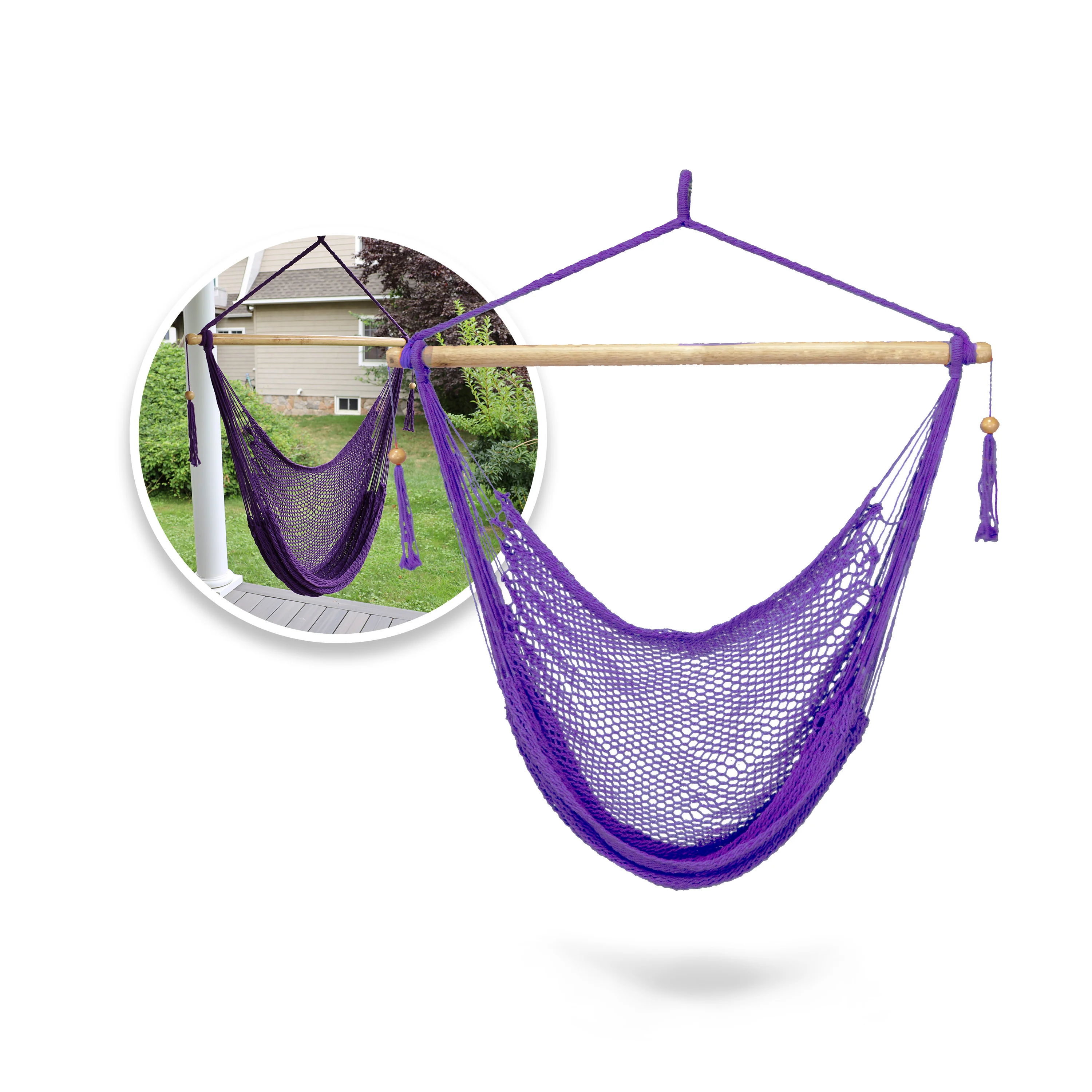 Bliss Hammocks BHC-412PR Island Rope Hammock Chair w/ Spreader Bar & Hanging Hardware | 40-in. Wide | 265 Lb. Capacity (Purple)