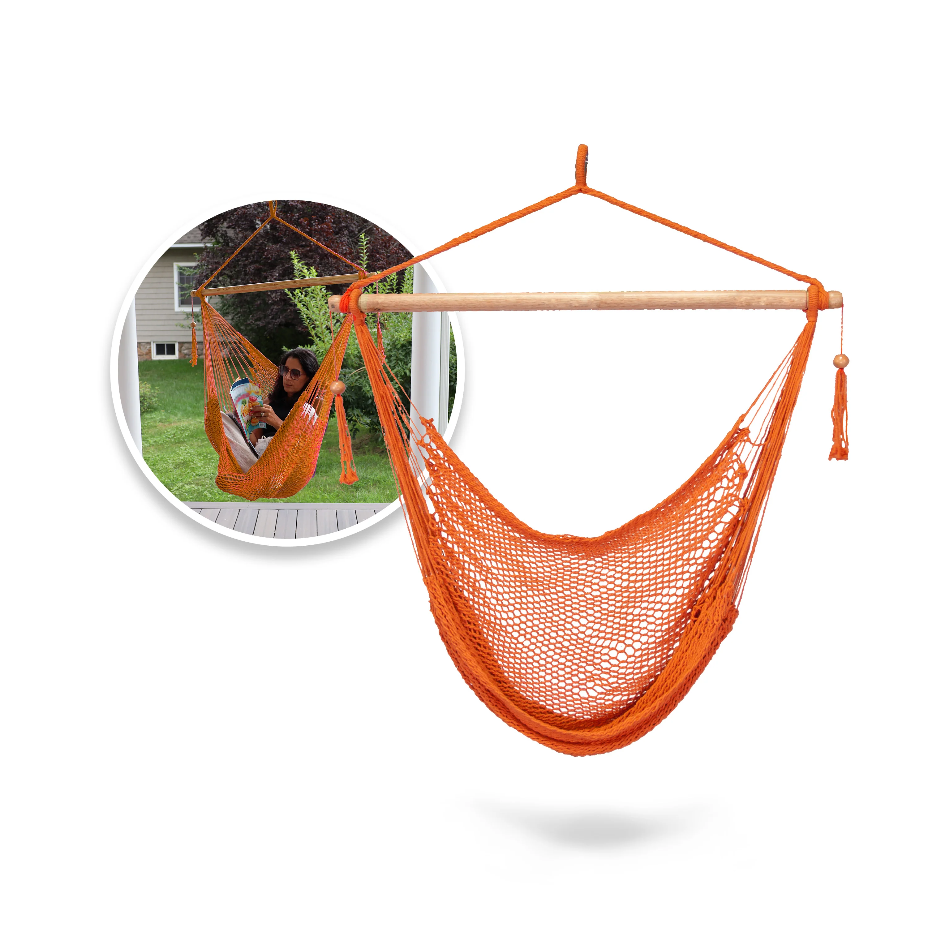 Bliss Hammocks BHC-412OR Island Rope Hammock Chair w/ Spreader Bar & Hanging Hardware | 40-in. Wide | 265 Lb. Capacity (Orange)