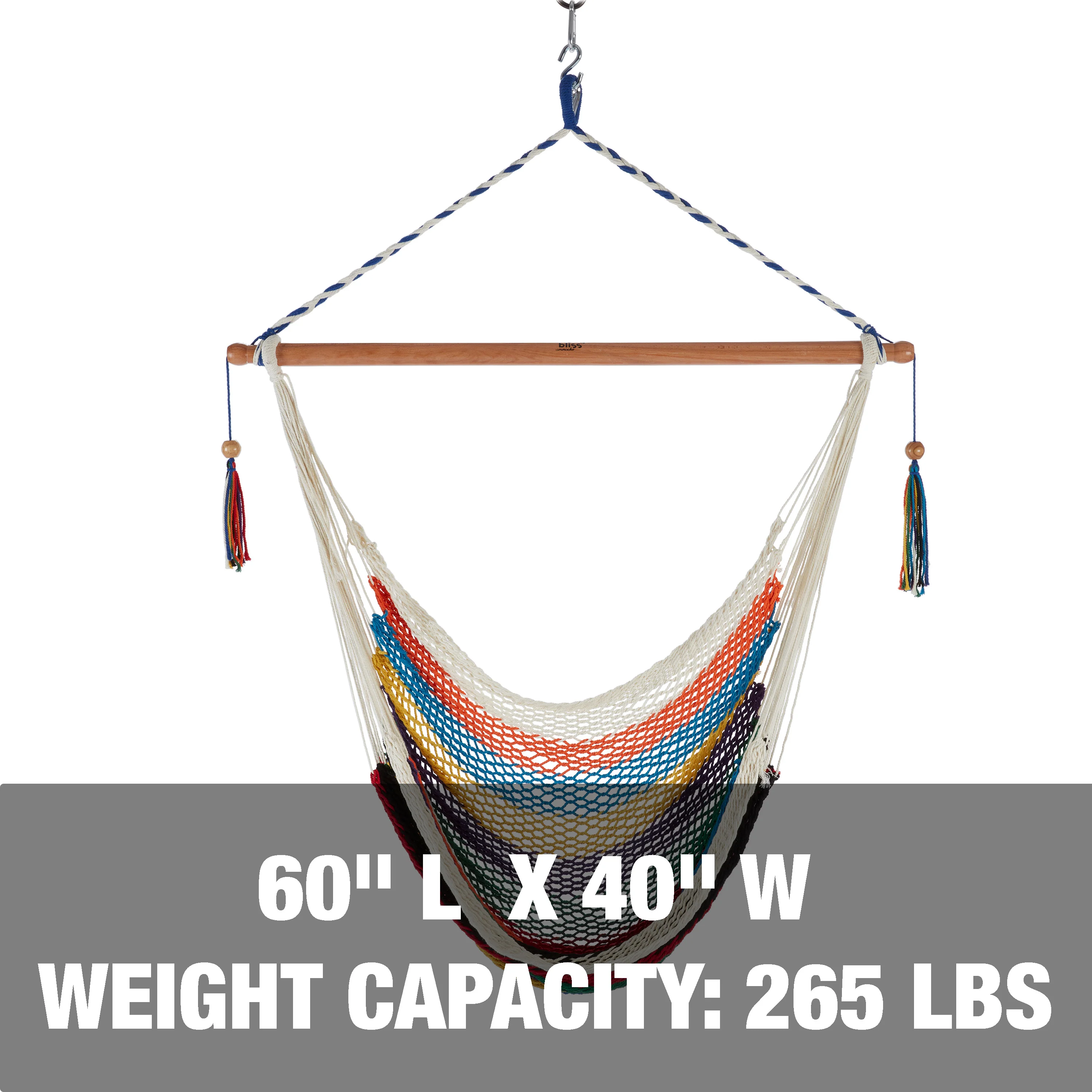 Bliss Hammocks BHC-412 Island Rope Hammock Chair W/ Spreader Bar & Hanging Hardware | 40-in. Wide | 265 Lb. Capacity (Multi-Color) - Image 2