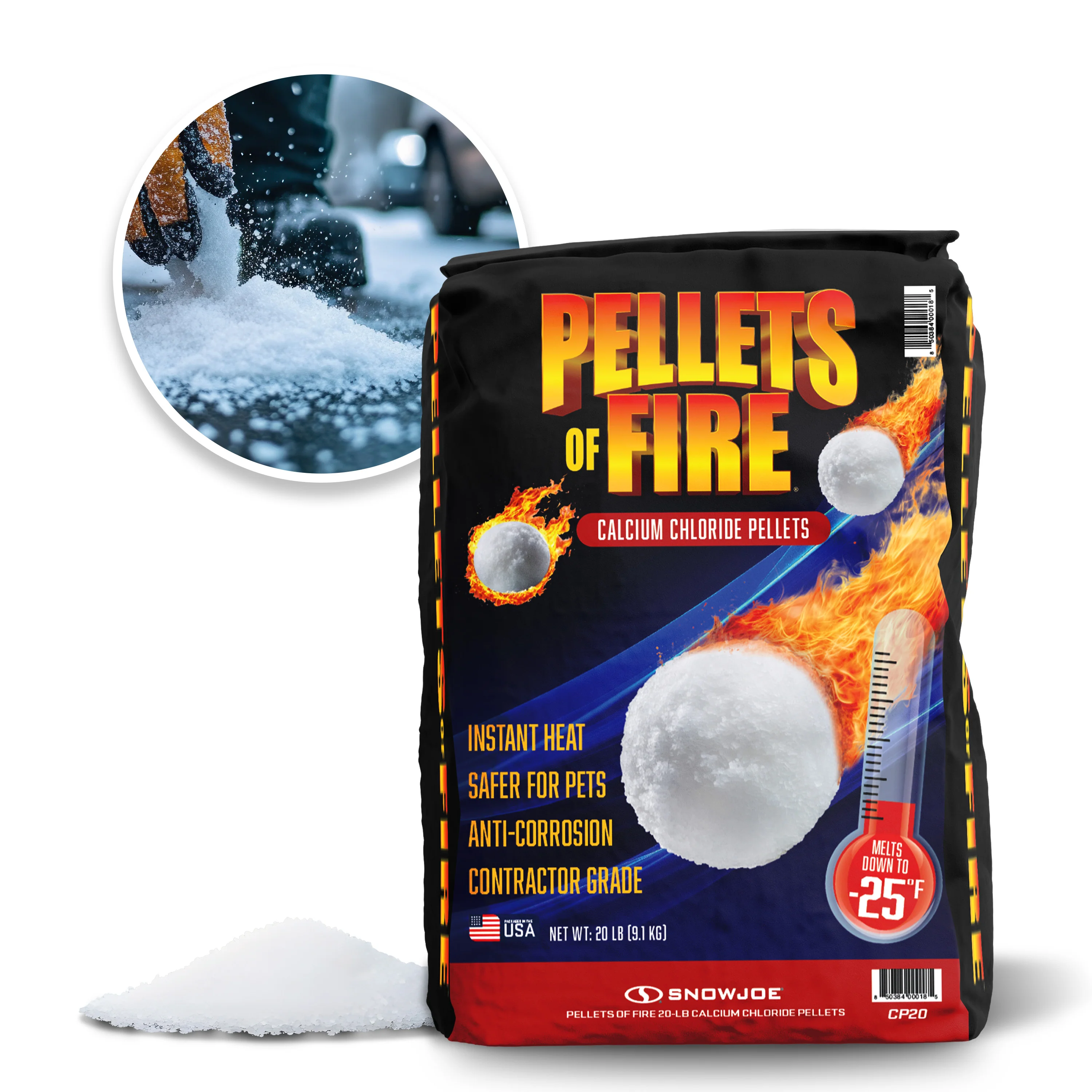 Pellets of Fire Calcium Chloride Ice and Snow Melt + Deicer | 20 Lb. Bag | Works to -25°F
