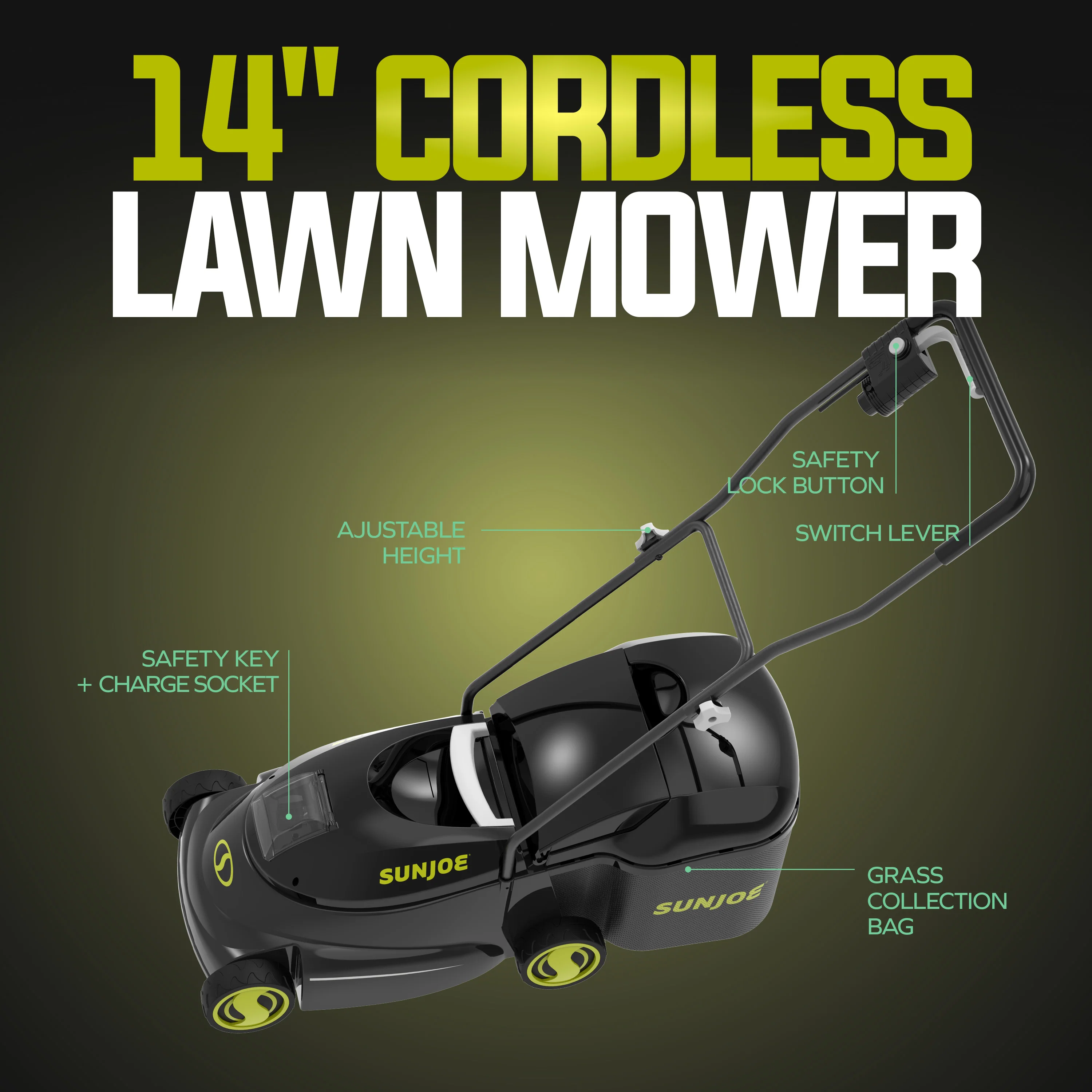 Sun Joe 28-Volt Cordless Walk-Behind Push Lawn Mower | 14-inch | 3-Position Height Adjustment - Image 9