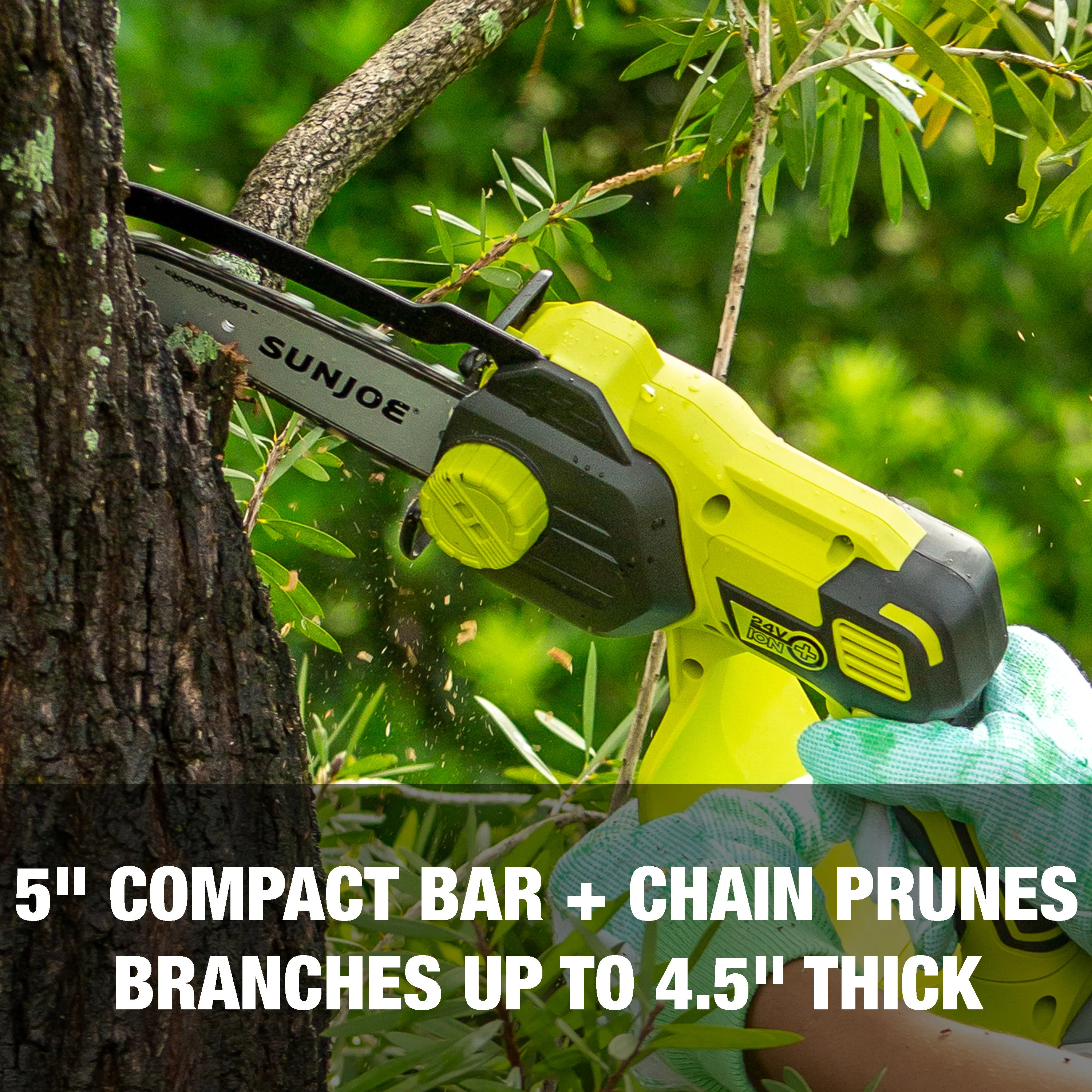 Sun Joe 24V-HCSEC-LT 24-Volt* IONMAX Cordless Handheld Chainsaw | 5-inch Pruning Saw Kit | W/ 2.5-Ah Battery, Charger, and Bonus Chain - Image 6