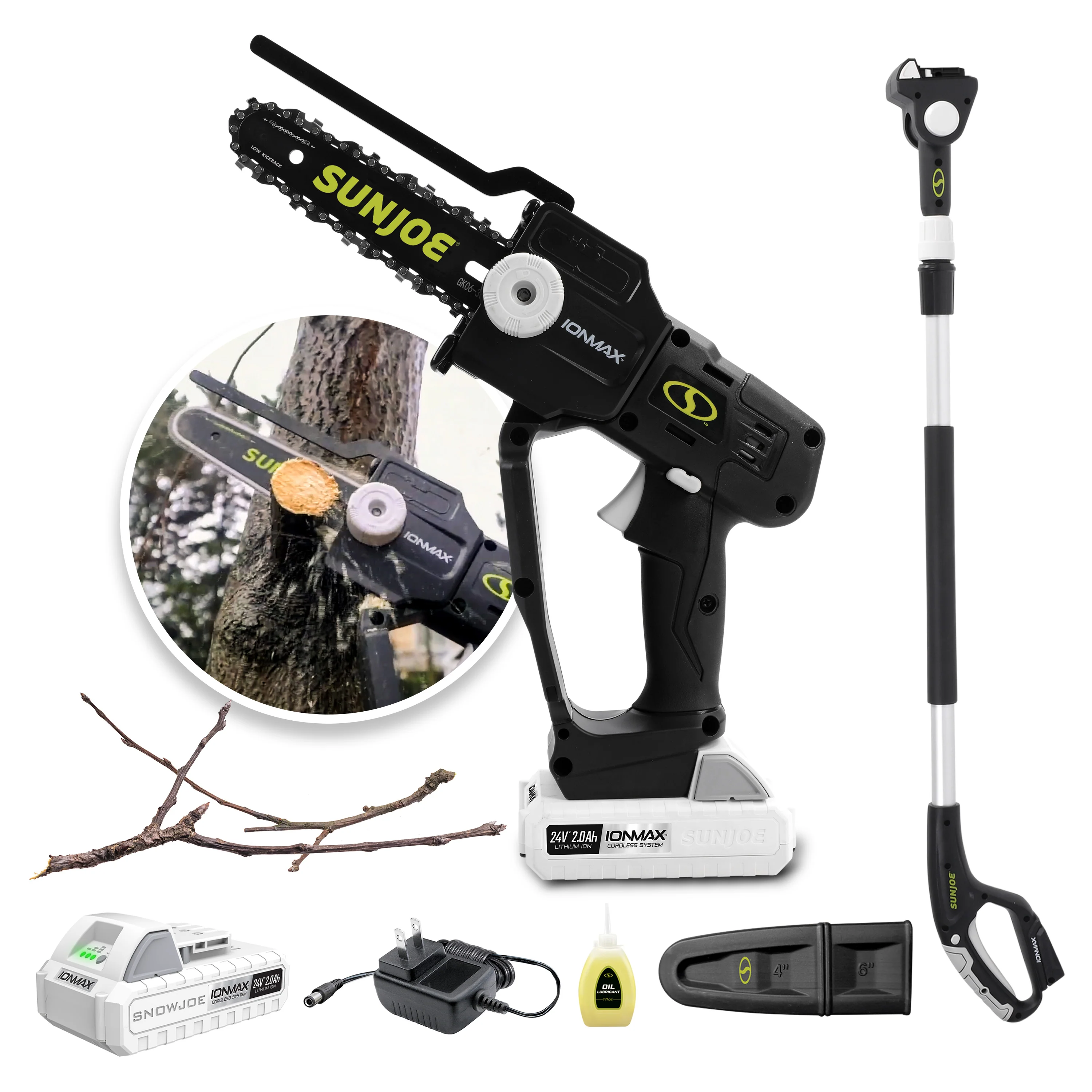Sun Joe 24-Volt* IONMAX Cordless Telescoping Pole Pruning Saw Kit | 6-Inch | W/ 2.0-Ah Battery + Charger