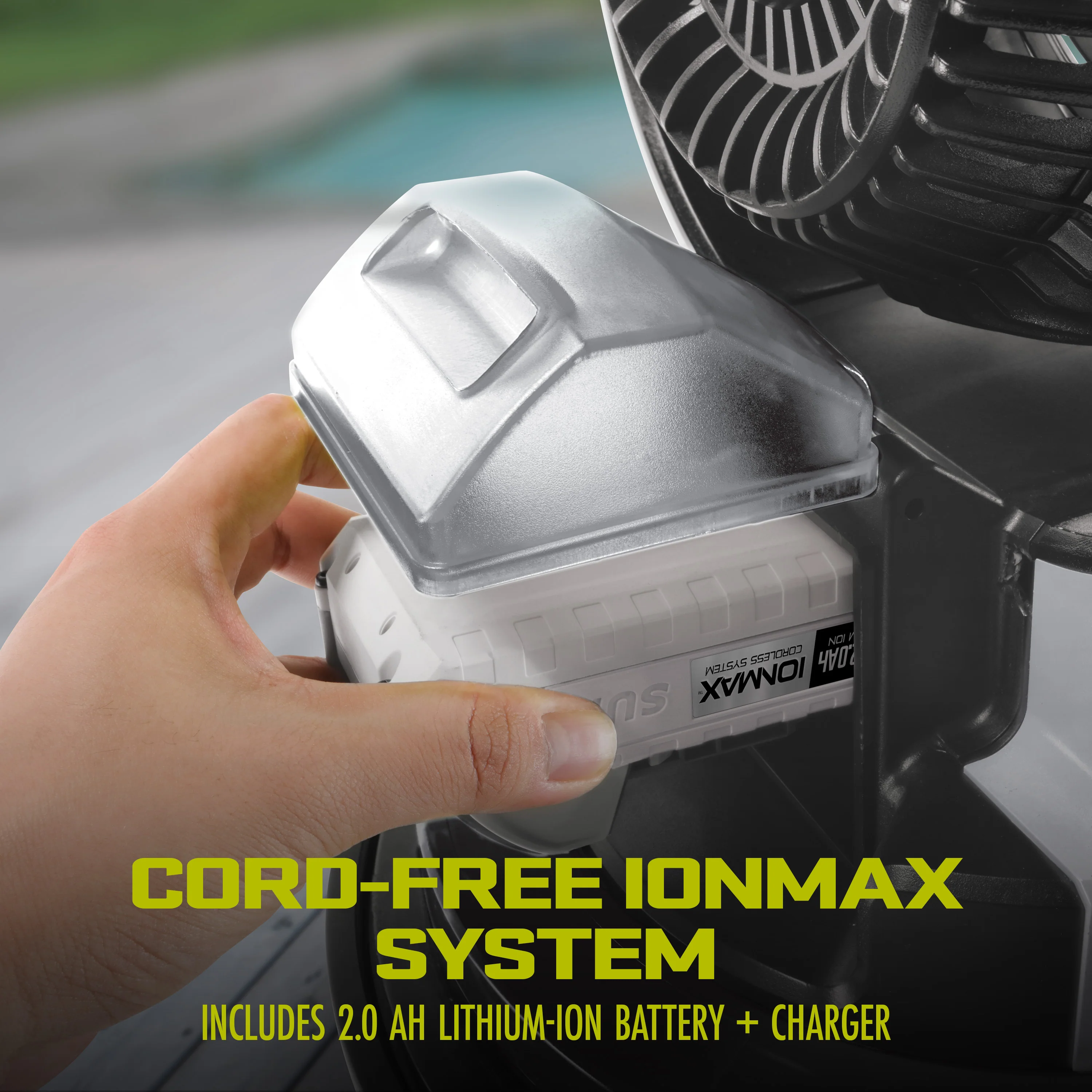 Sun Joe 24-Volt* IONMAX Cordless Indoor/Outdoor Misting Fan Kit W/ 6-Gallon Portable Bucket | 60 Sq. Ft. Coverage | W/ 2.0-Ah Battery + Charger - Image 6