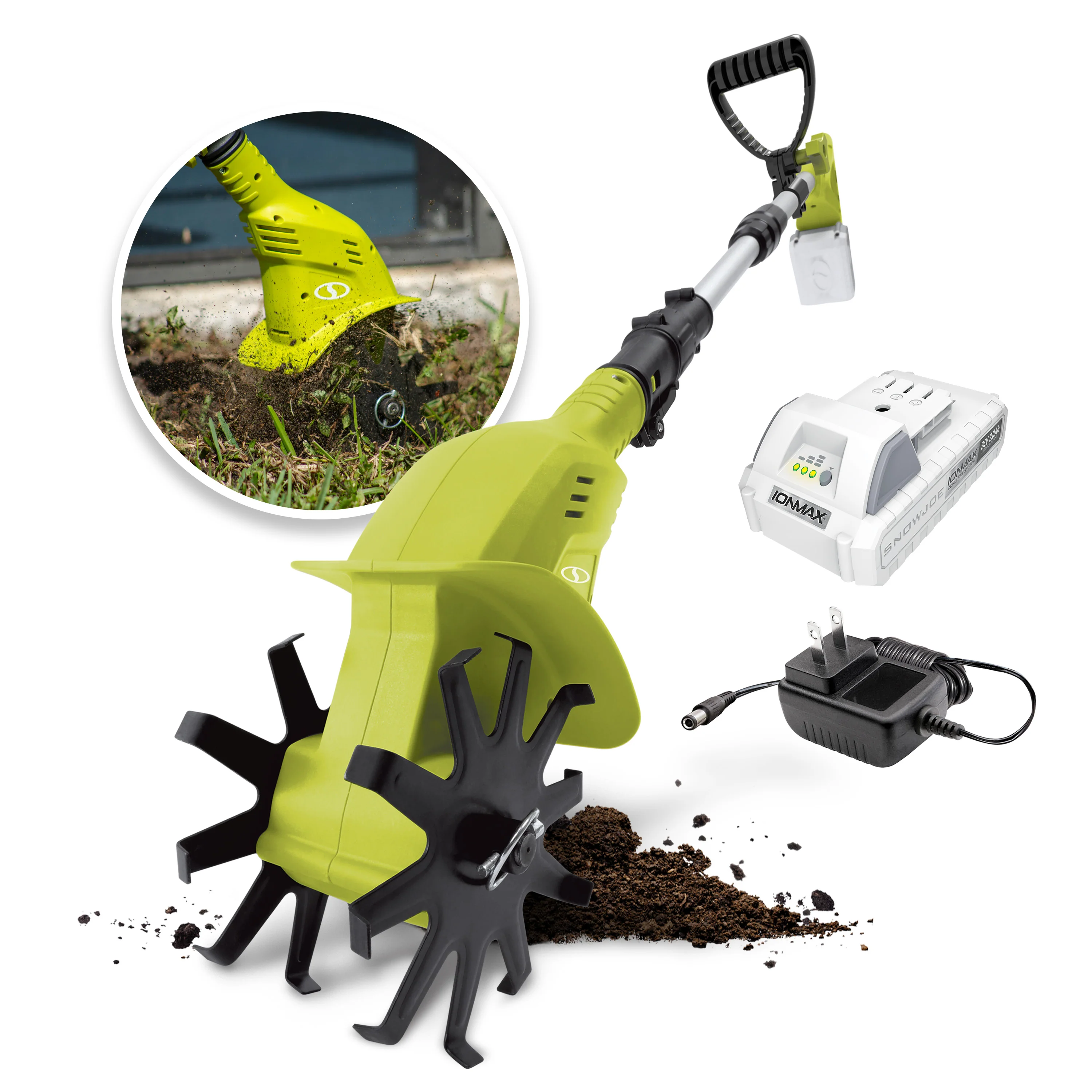 Sun Joe 24-Volt* IONMAX Cordless Garden Tiller + Cultivator Kit | 6-Inch Blade | W/ 2.0-Ah Battery + Charger (Green)