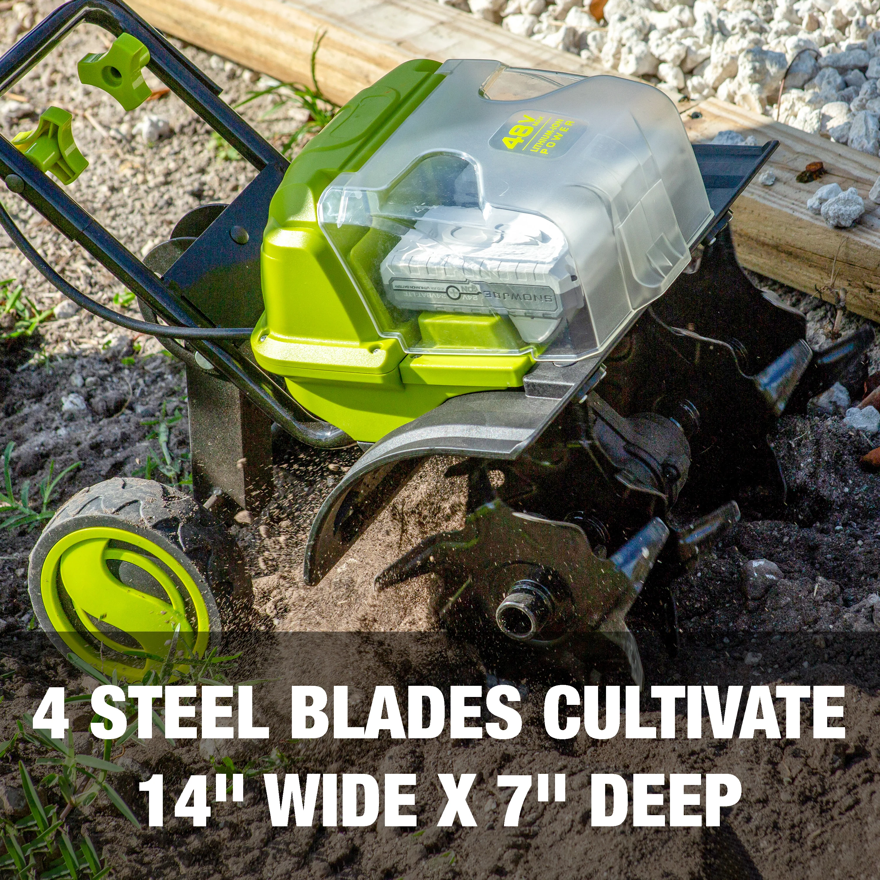Sun Joe 48-Volt* IONMAX Cordless Garden Tiller + Cultivator Kit | W/ 2 x 4.0-Ah Batteries + Dual Port Charger - Image 9