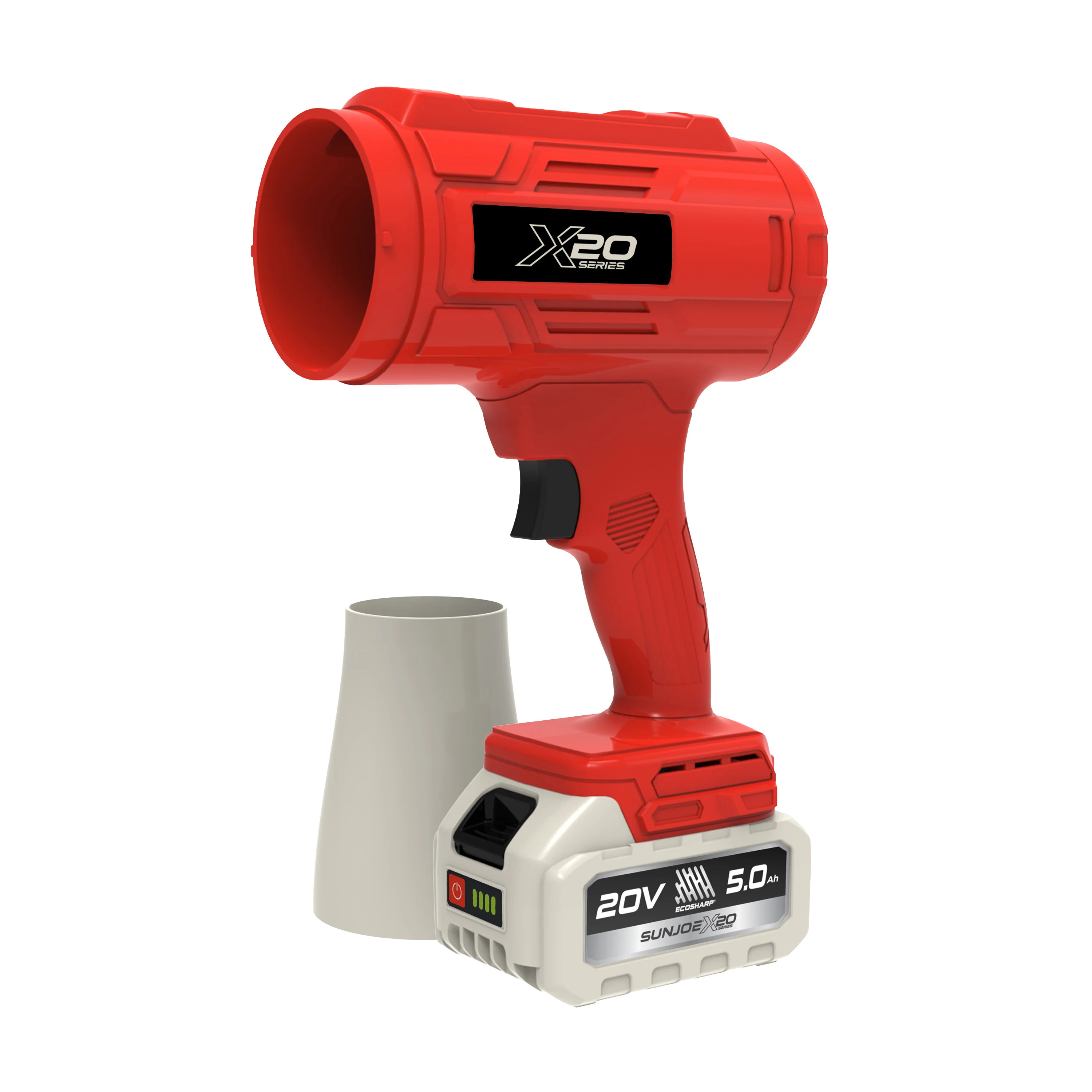 Sun Joe 20-Volt ECOSHARP Cordless X20 StormJet Handheld Turbo Blower  | 40 CFM | 5.0-Ah Battery + Charger (Red) - Image 18