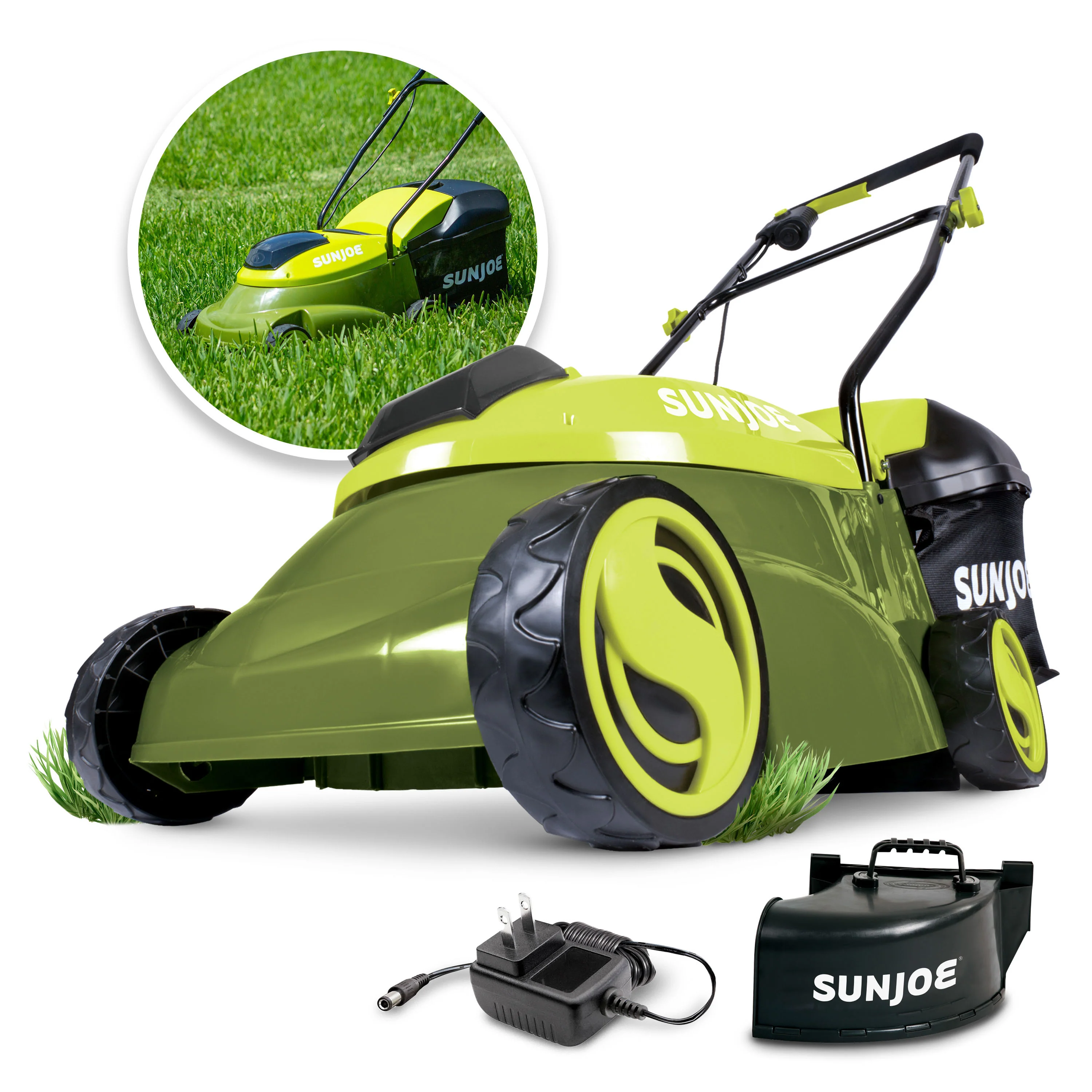 Sun Joe Cordless Push Lawn Mower | 14-in | 28 Volt | Discharge Chute
