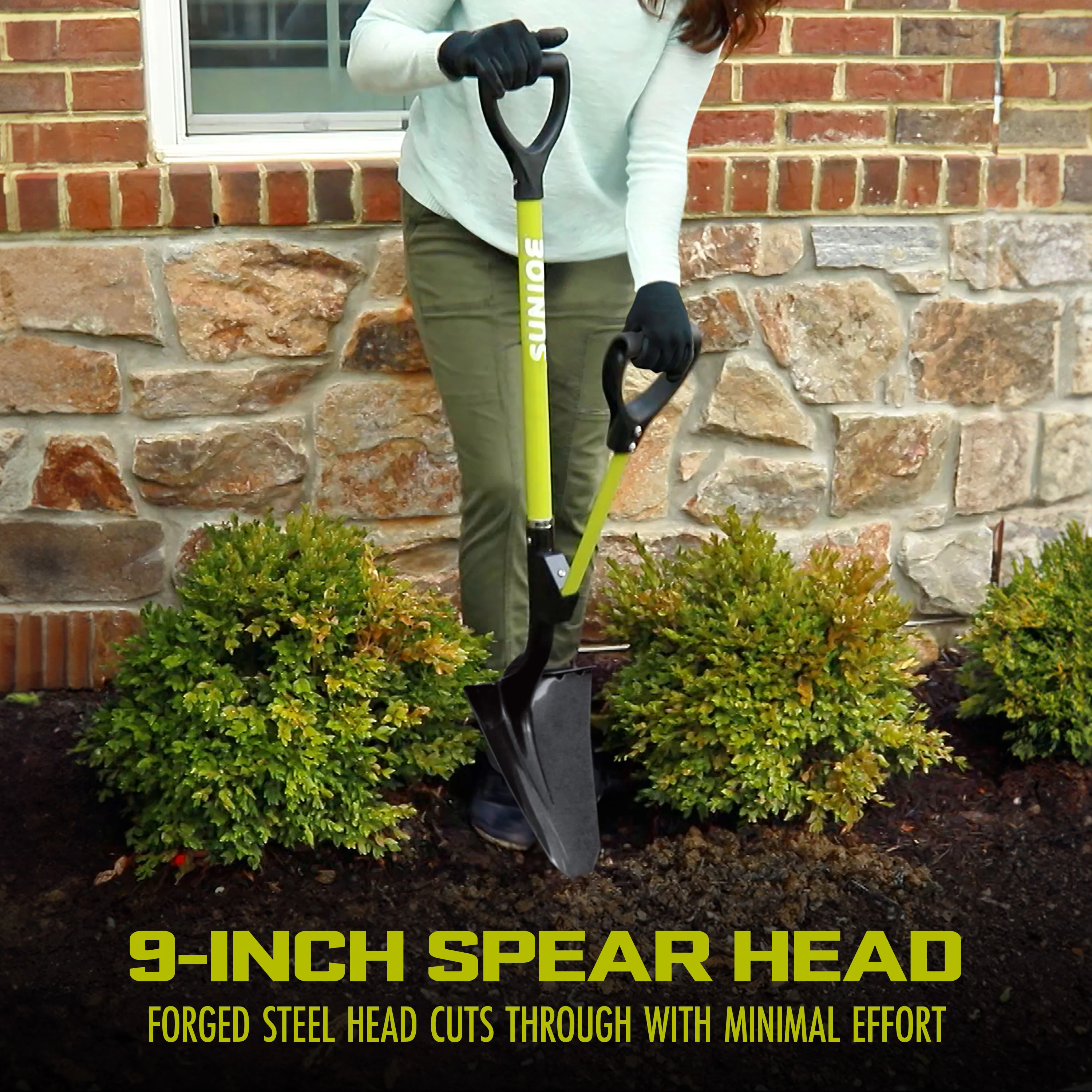 Sun Joe Shovelution Strain-Reducing Spear Head Digging Garden Shovel | Patented Shovelution Auxiliary Handle | 9-in Steel Head (Green) - Image 4