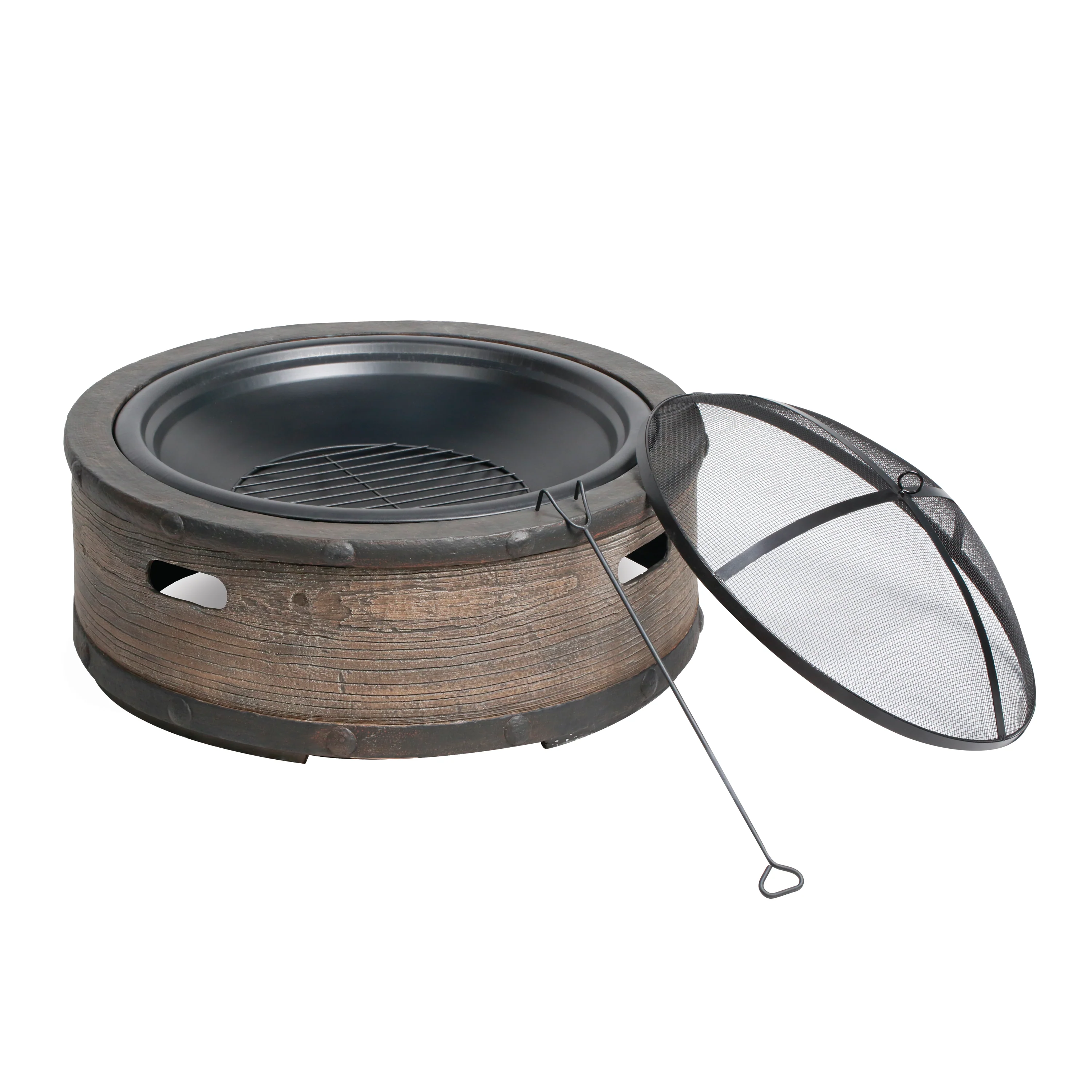 Sun Joe SJFP35-STN-BRL 35-in. Cast Stone Base, Wood Burning Fire Pit w/Dome Screen and Poker, Rustic Barrel - Image 2